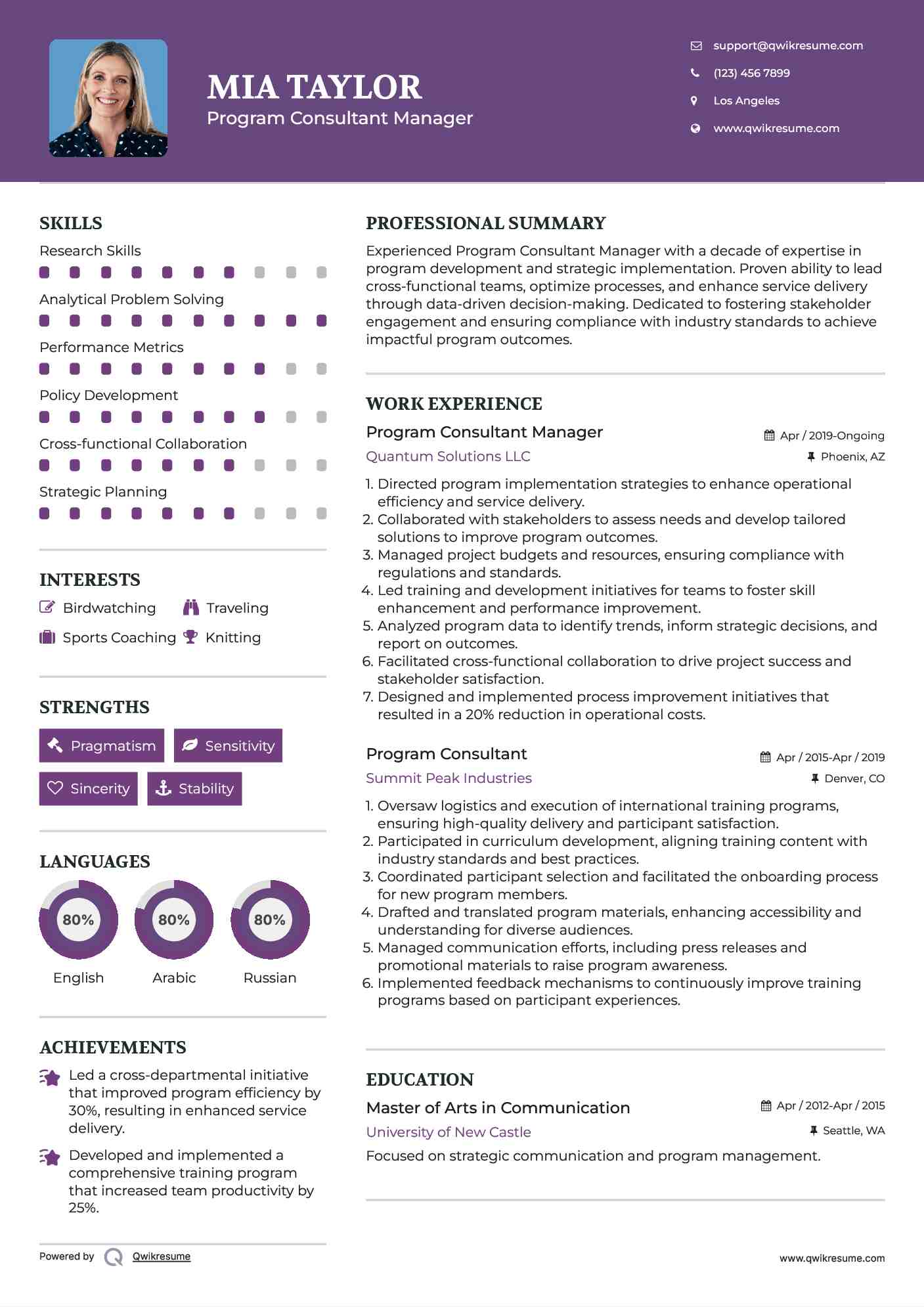 Program Consultant Manager Resume Model