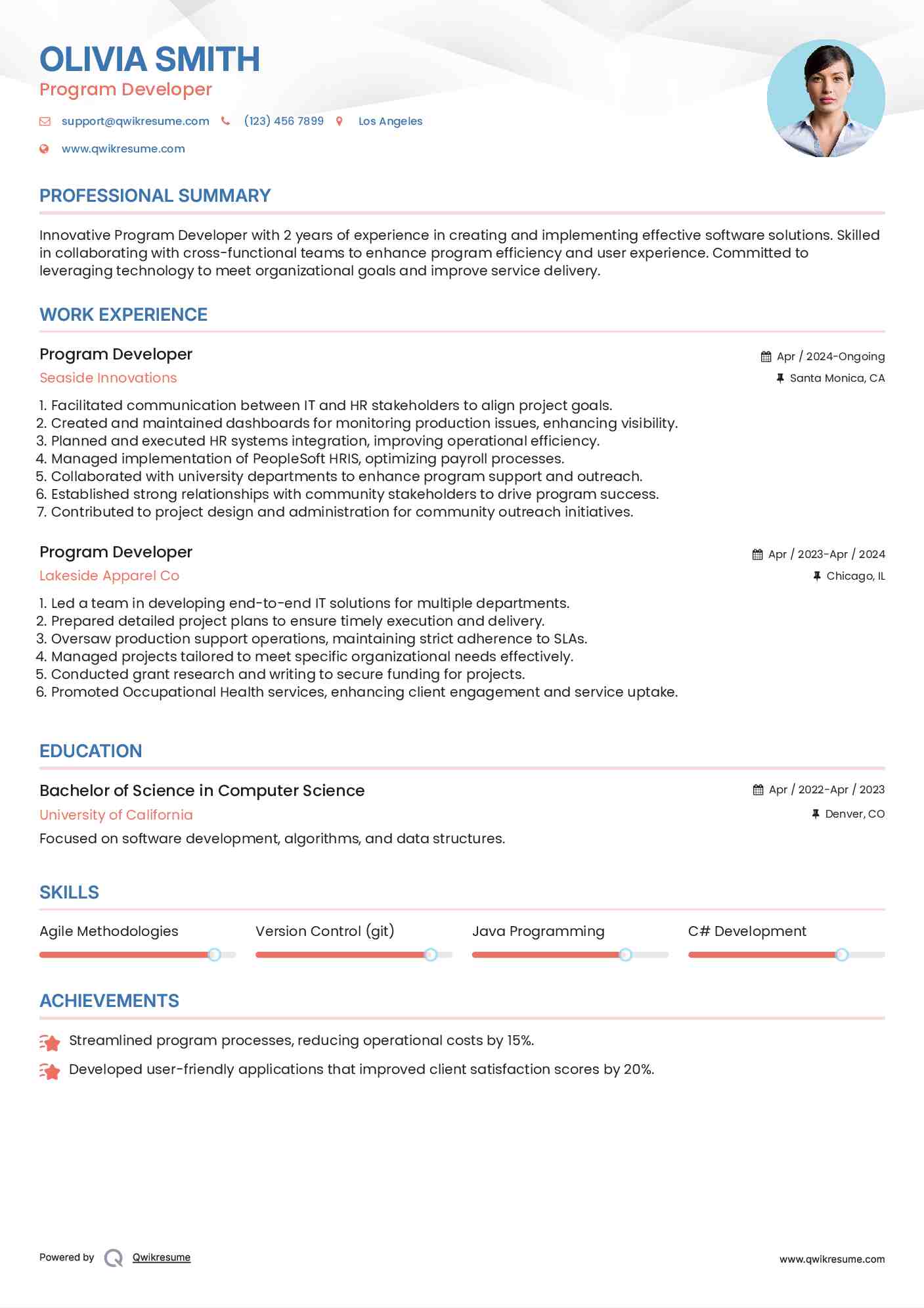 Program Developer Resume Sample