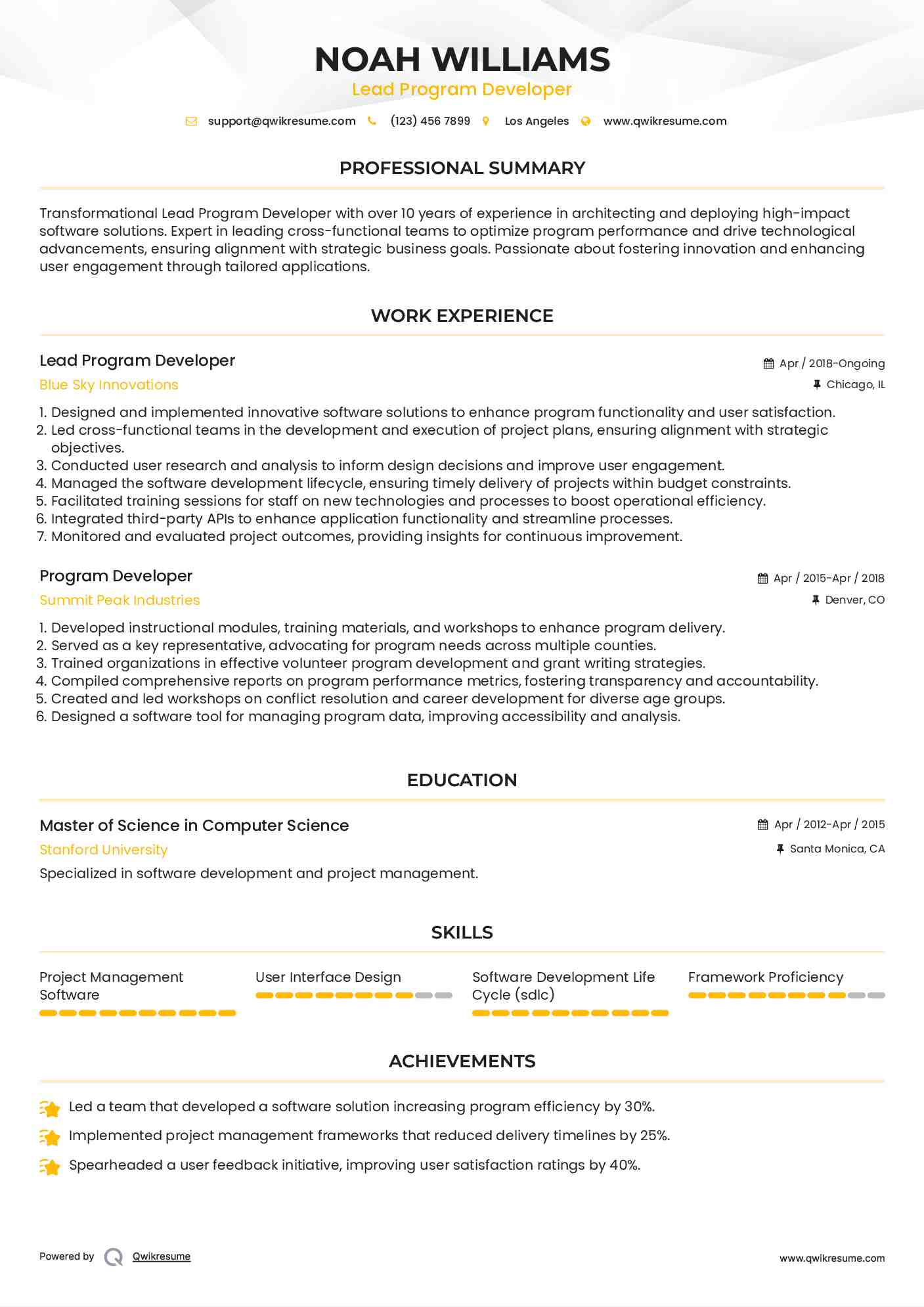 Lead Program Developer Resume Example