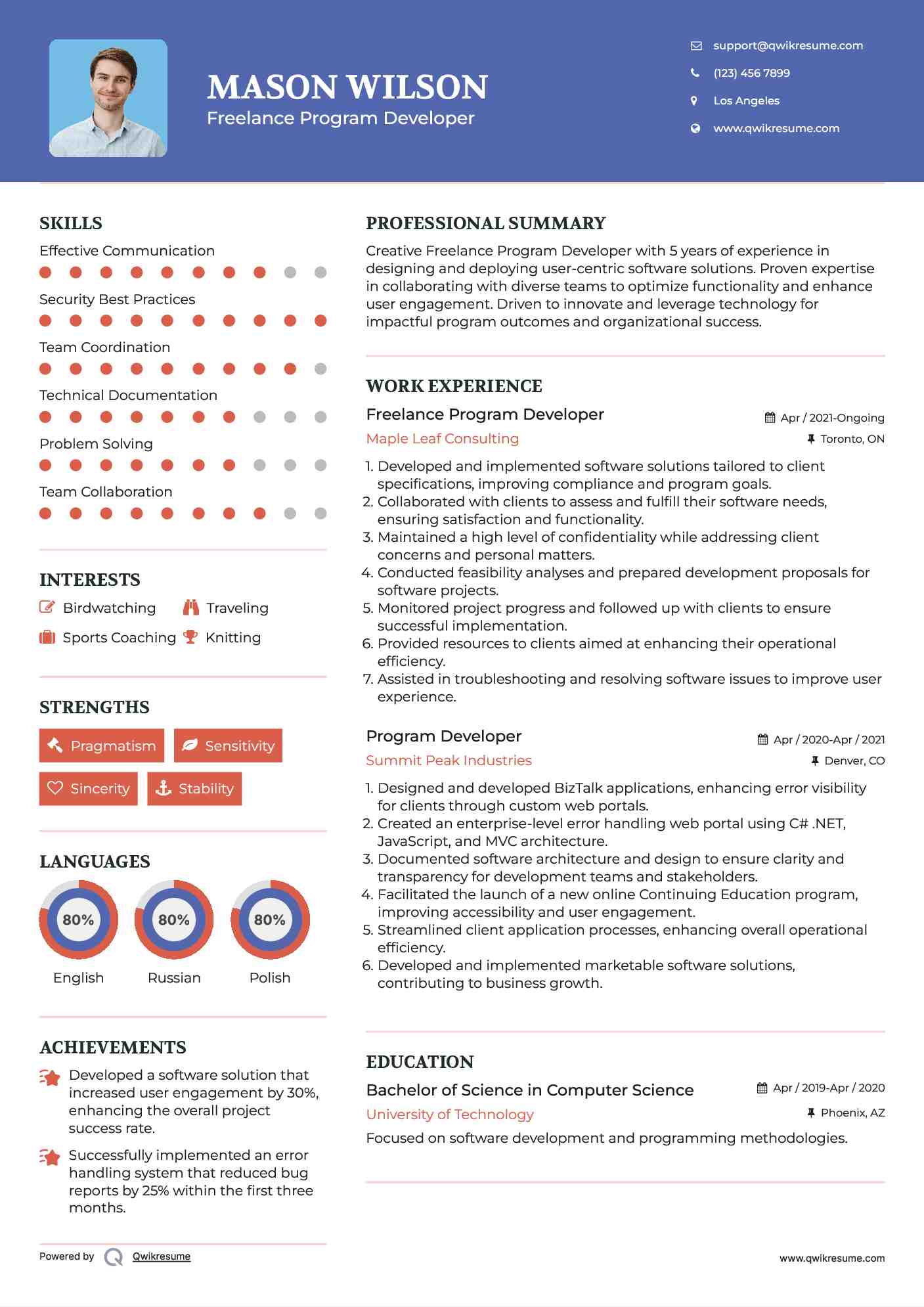 Freelance Program Developer Resume Model