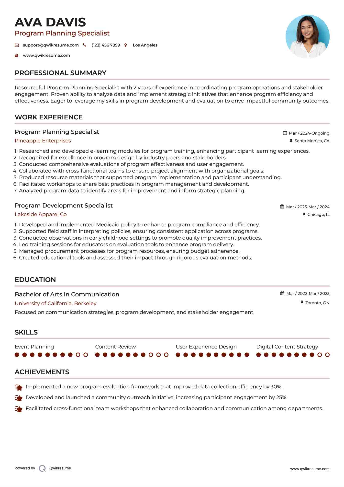 Program Planning Specialist Resume Model