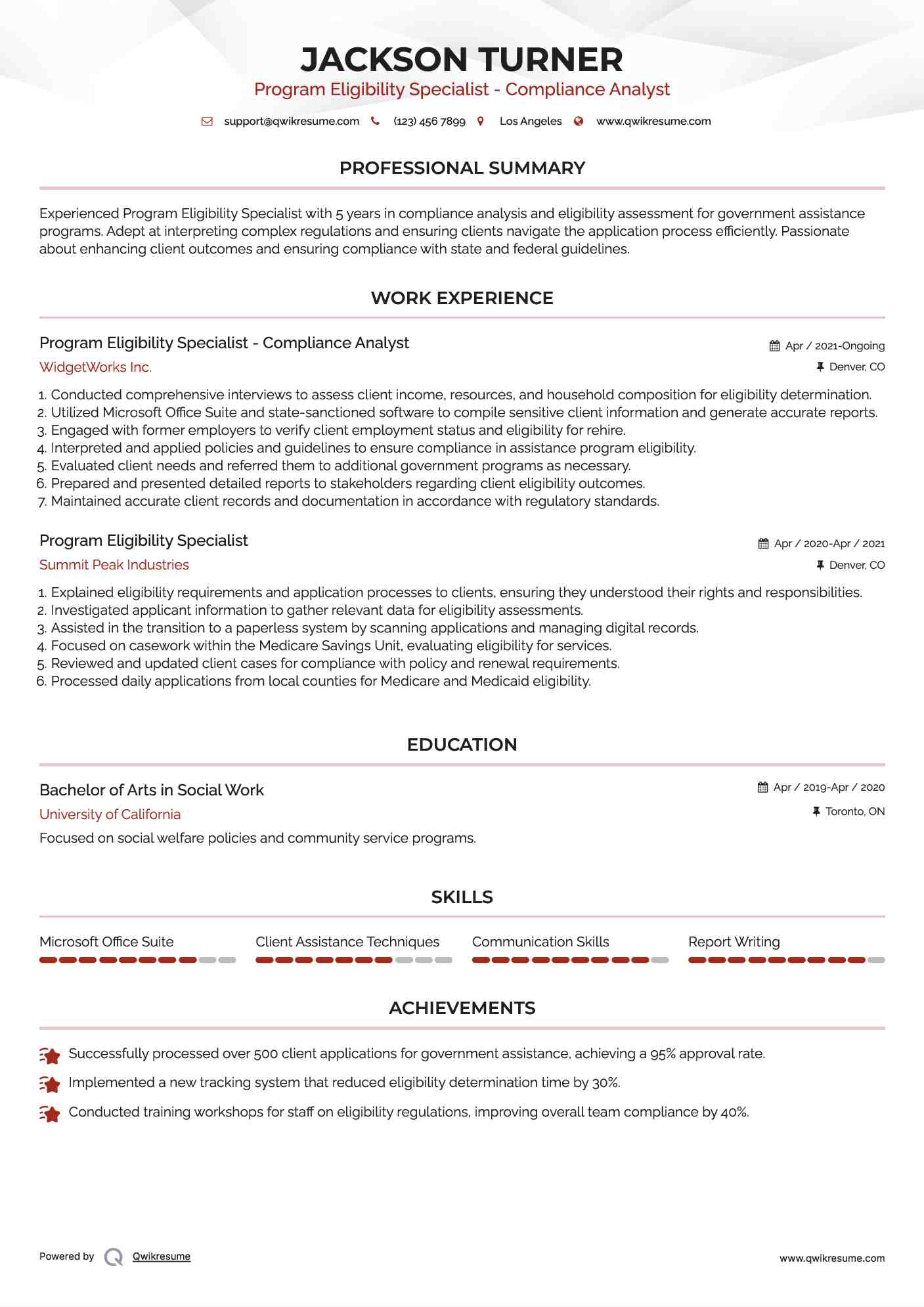Program Eligibility Specialist - Compliance Analyst Resume Template