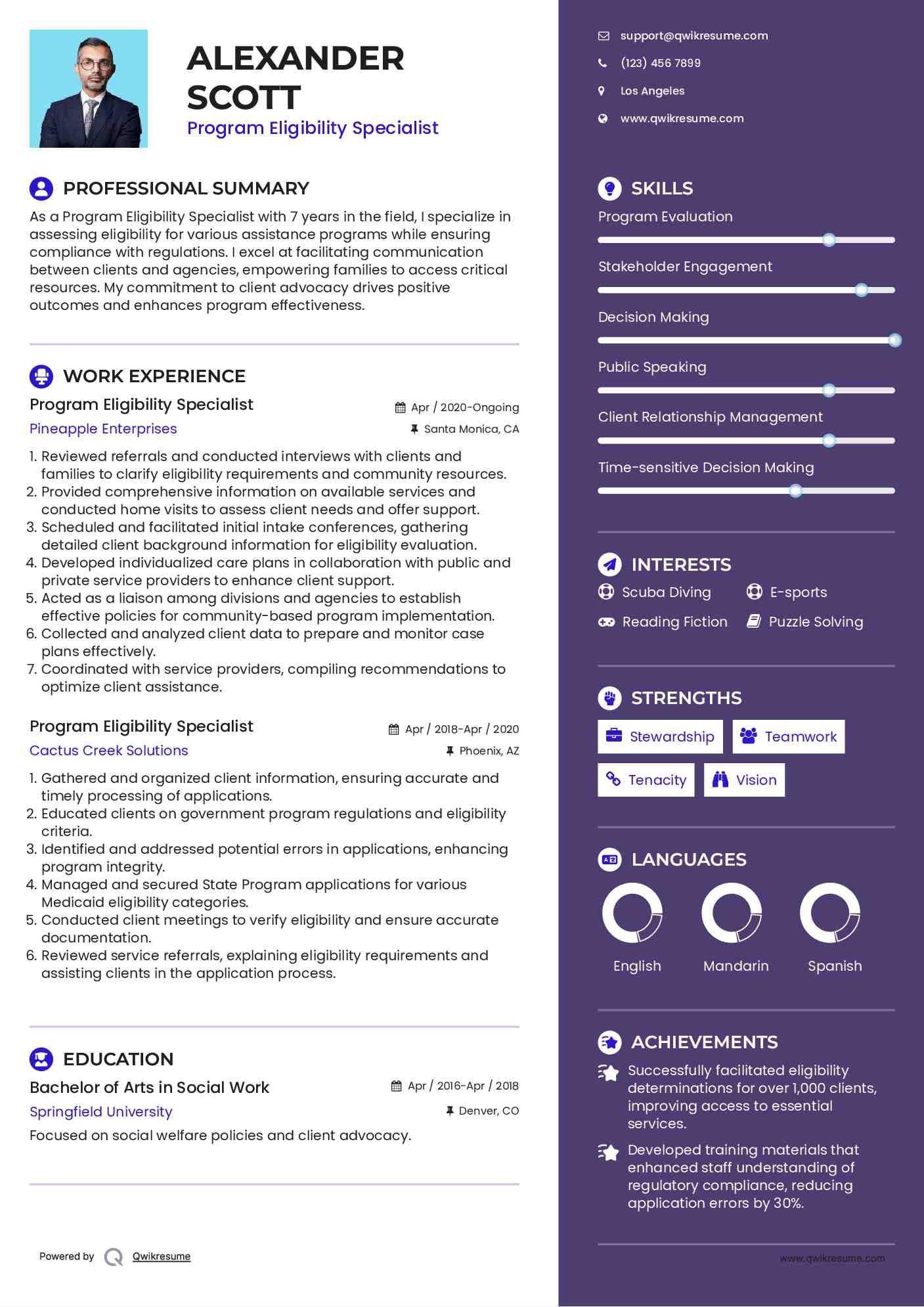 Program Eligibility Specialist Resume Format
