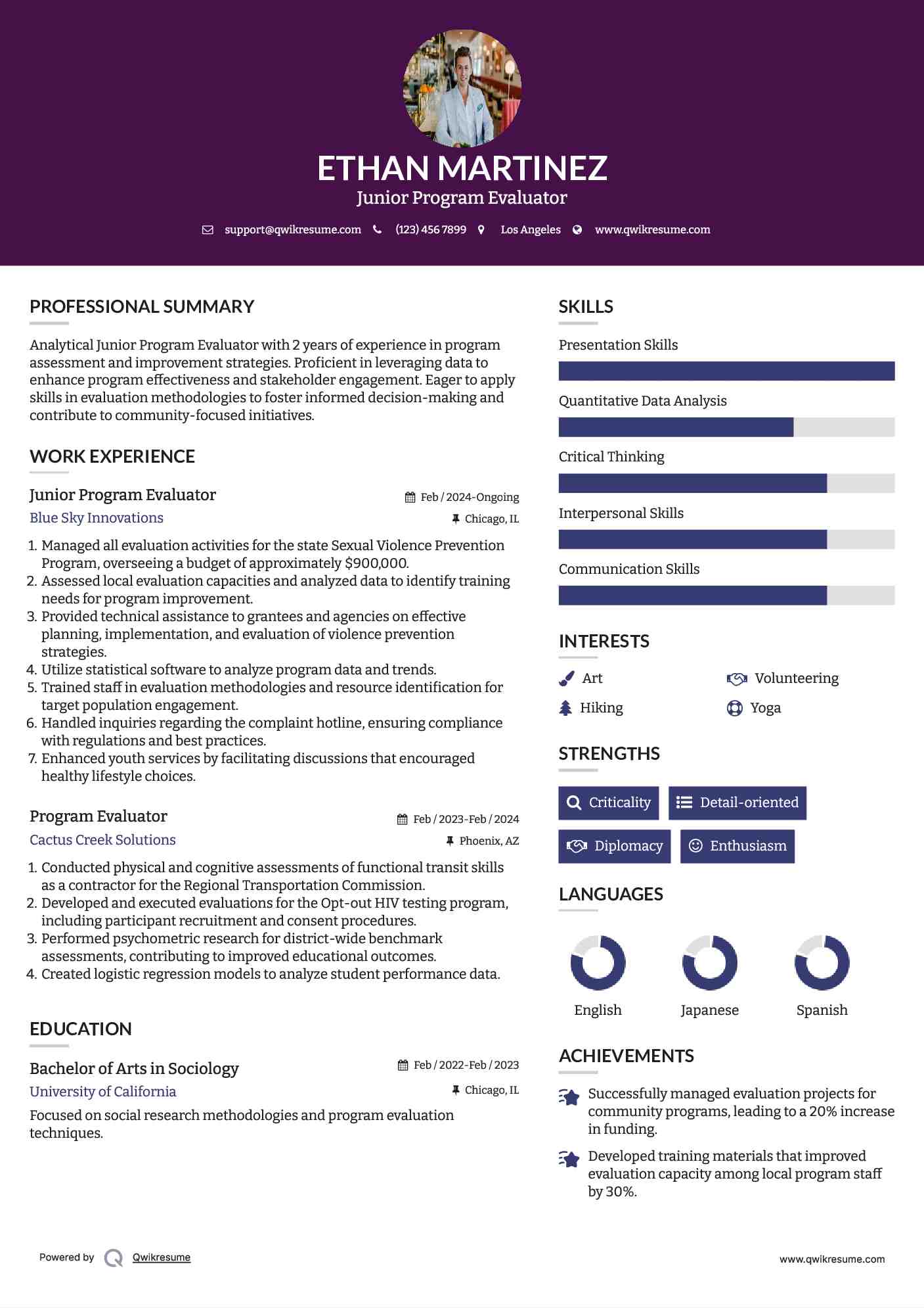 Junior Program Evaluator Resume Sample