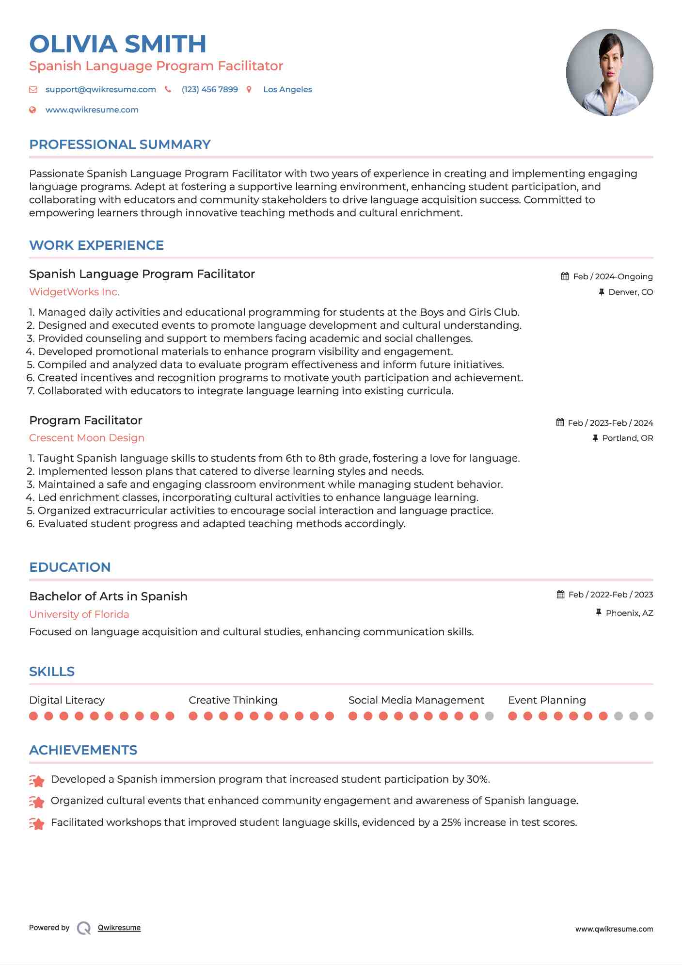 Spanish Language Program Facilitator Resume Example