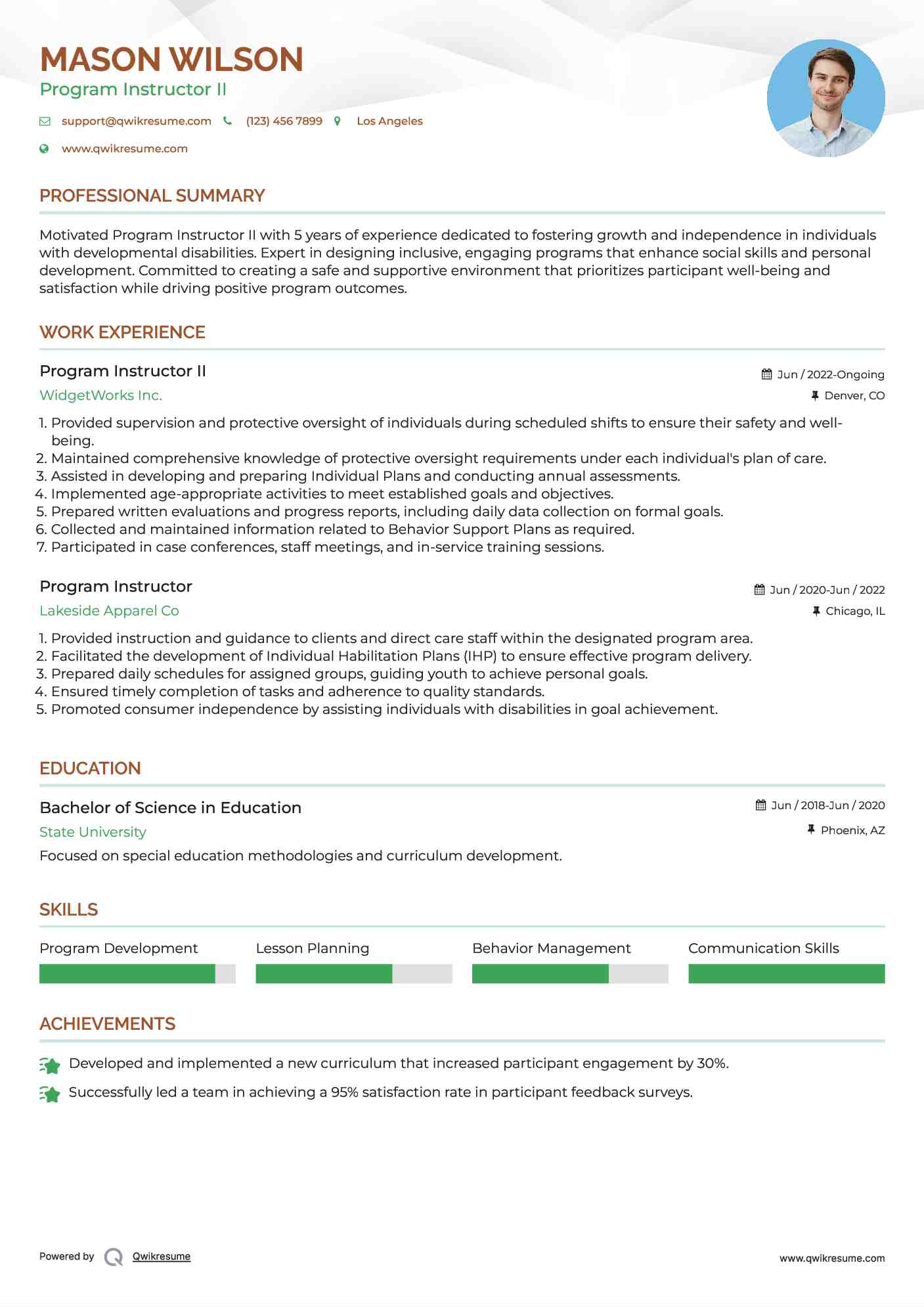 Program Instructor II Resume Example