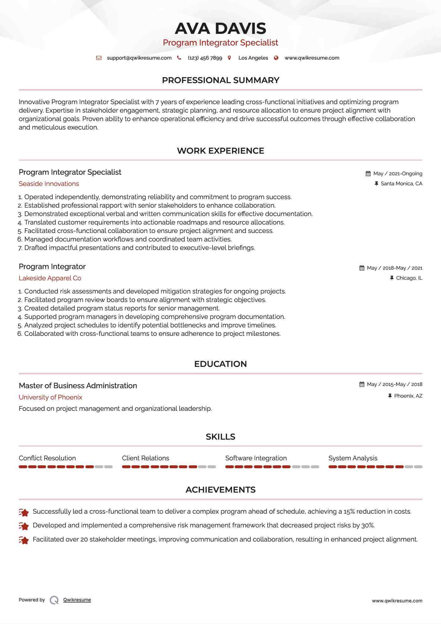 Program Integrator Specialist Resume Example