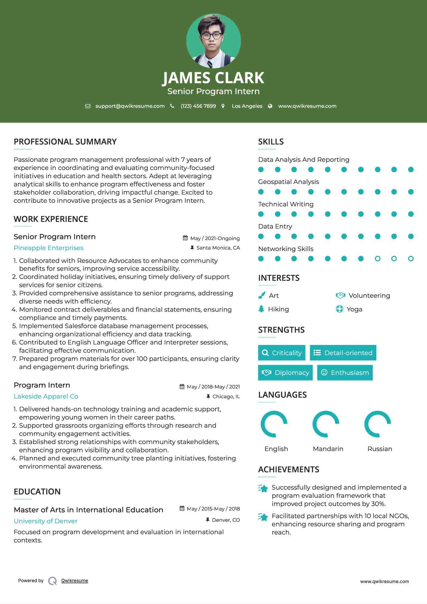 Senior Program Intern Resume Model