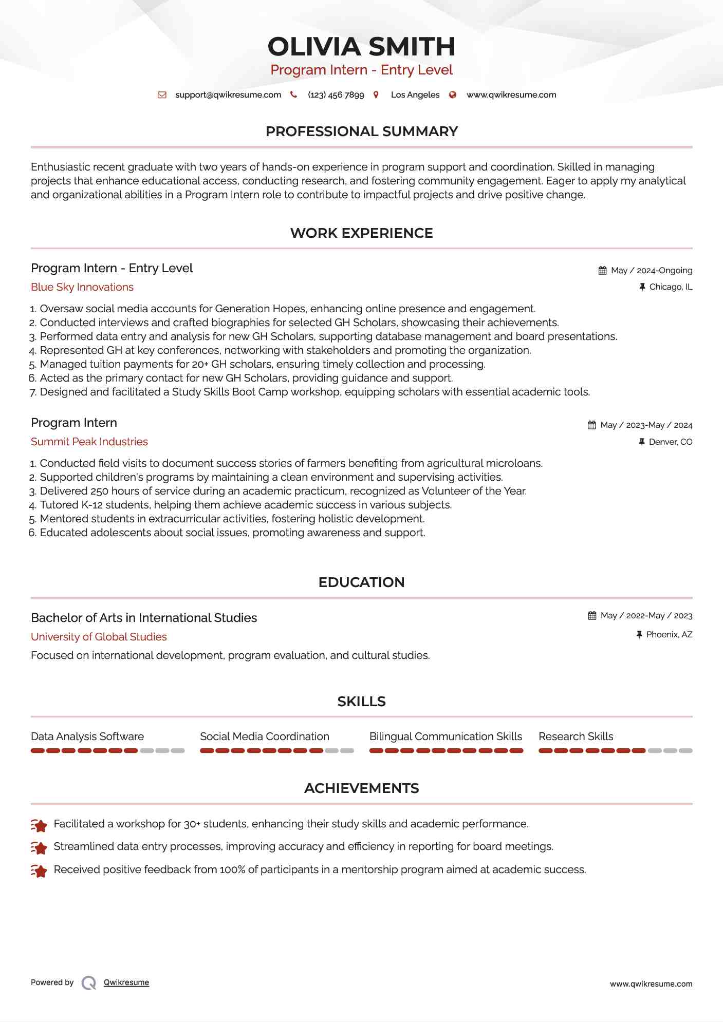 Program Intern - Entry Level Resume Format