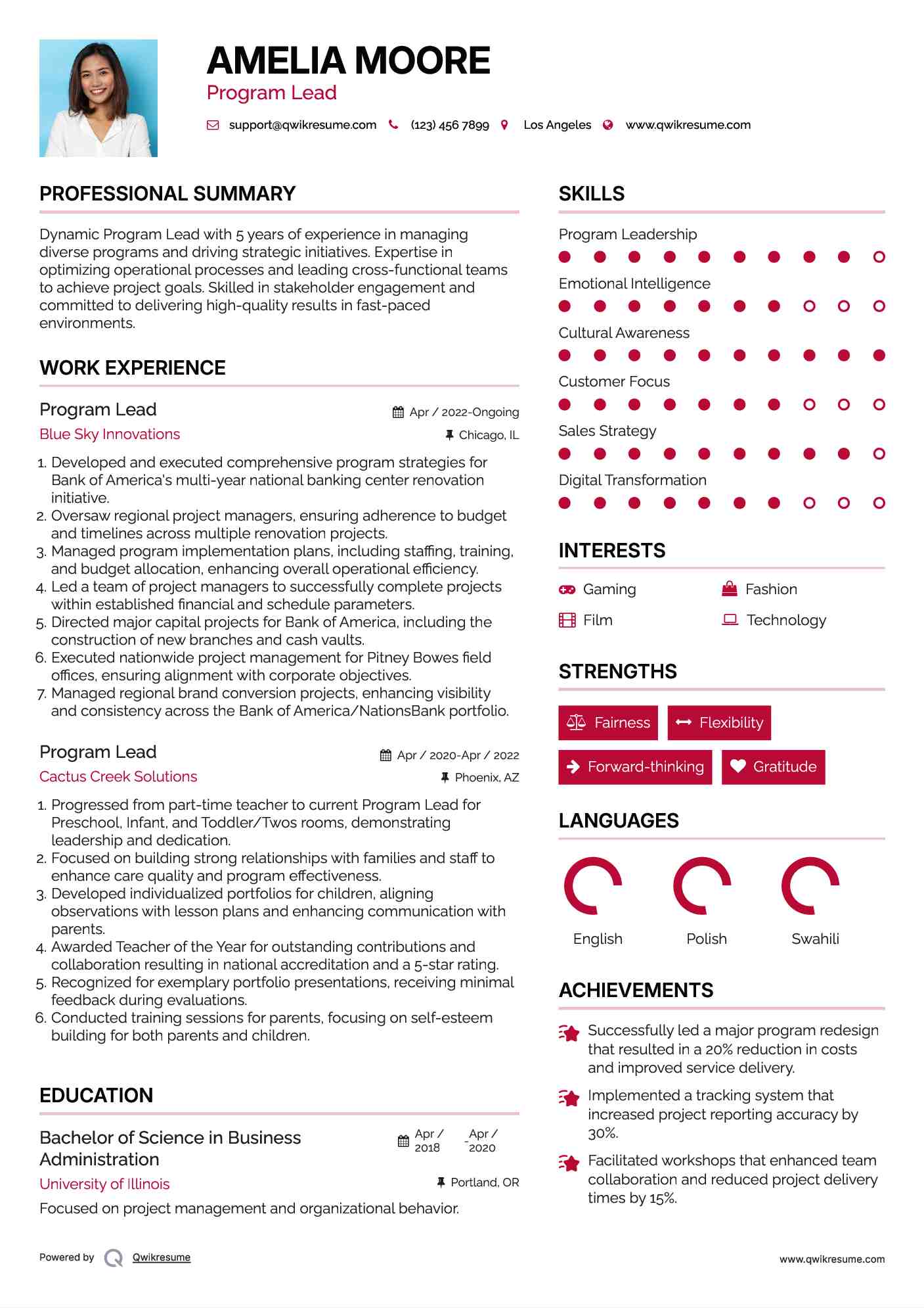 Program Lead Resume Model