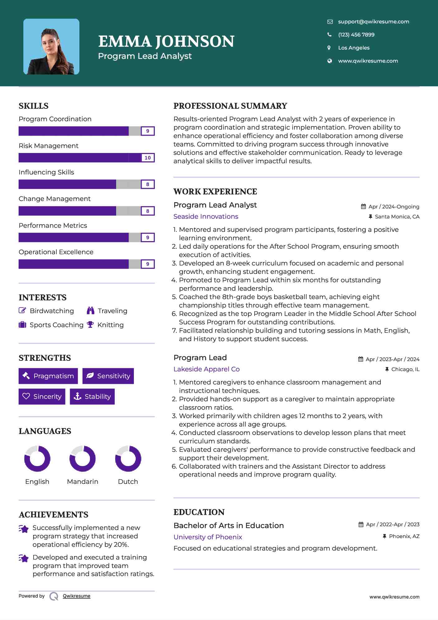Program Lead Analyst Resume Template