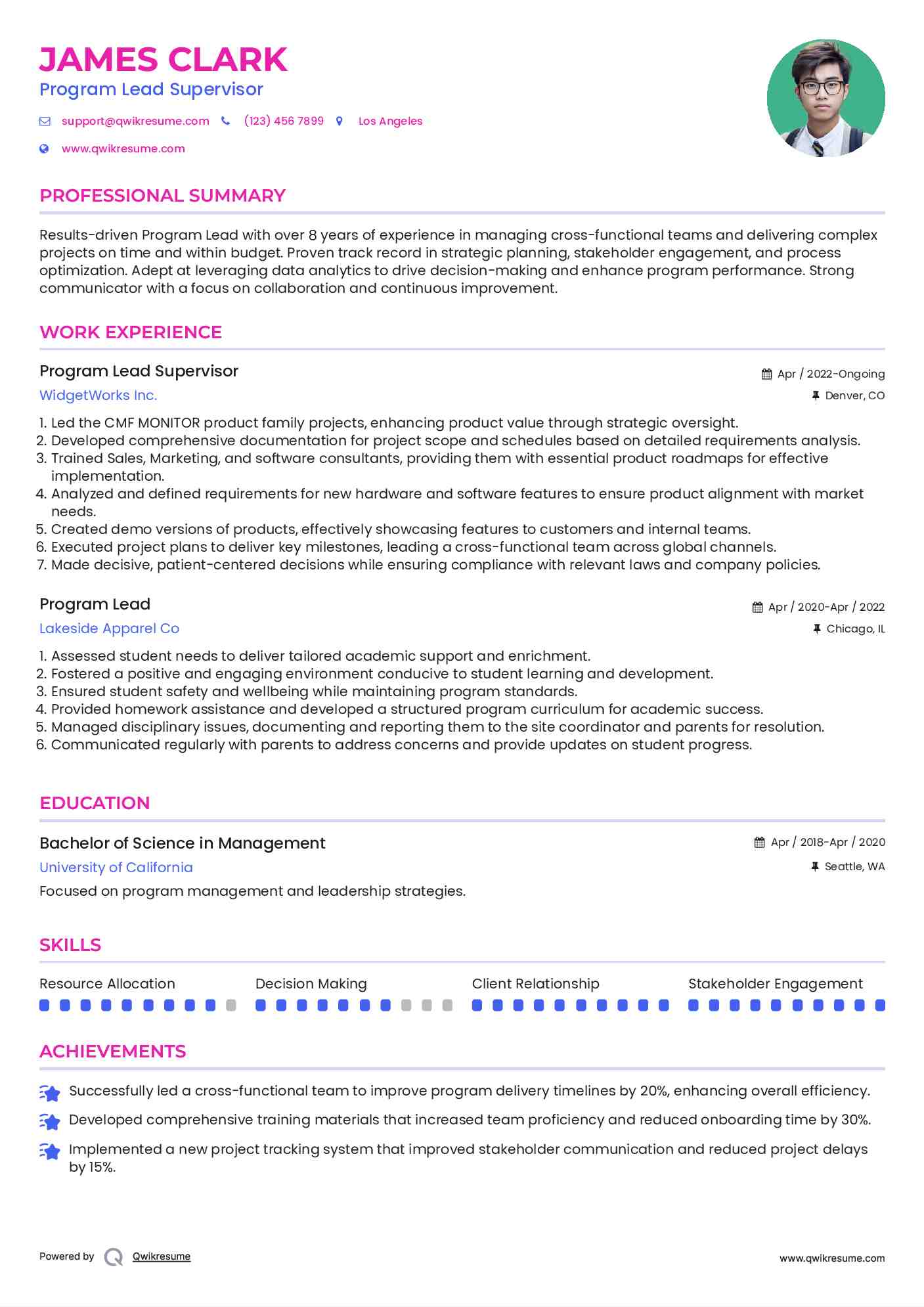 Program Lead Supervisor Resume Format