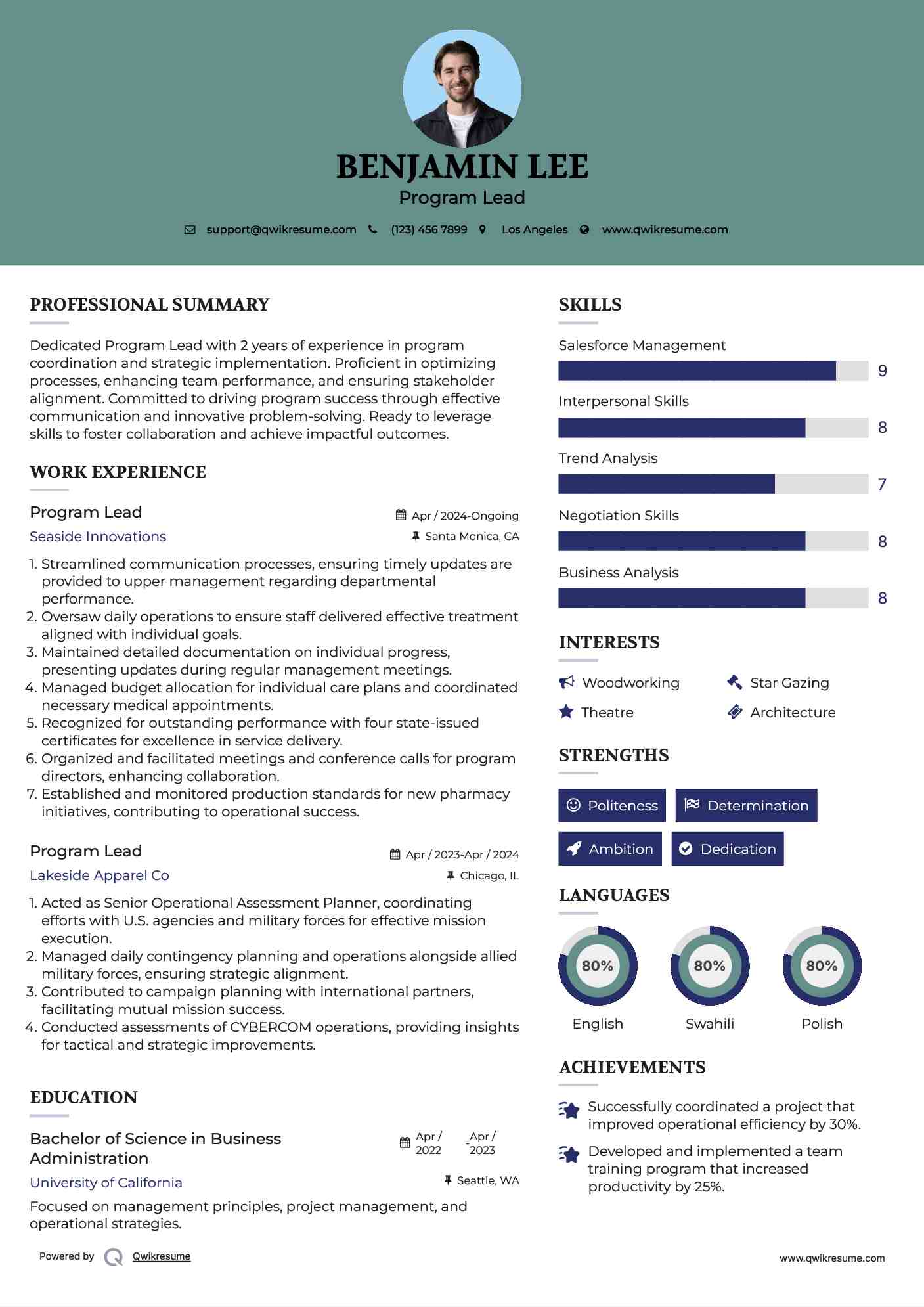 Program Lead Resume Sample