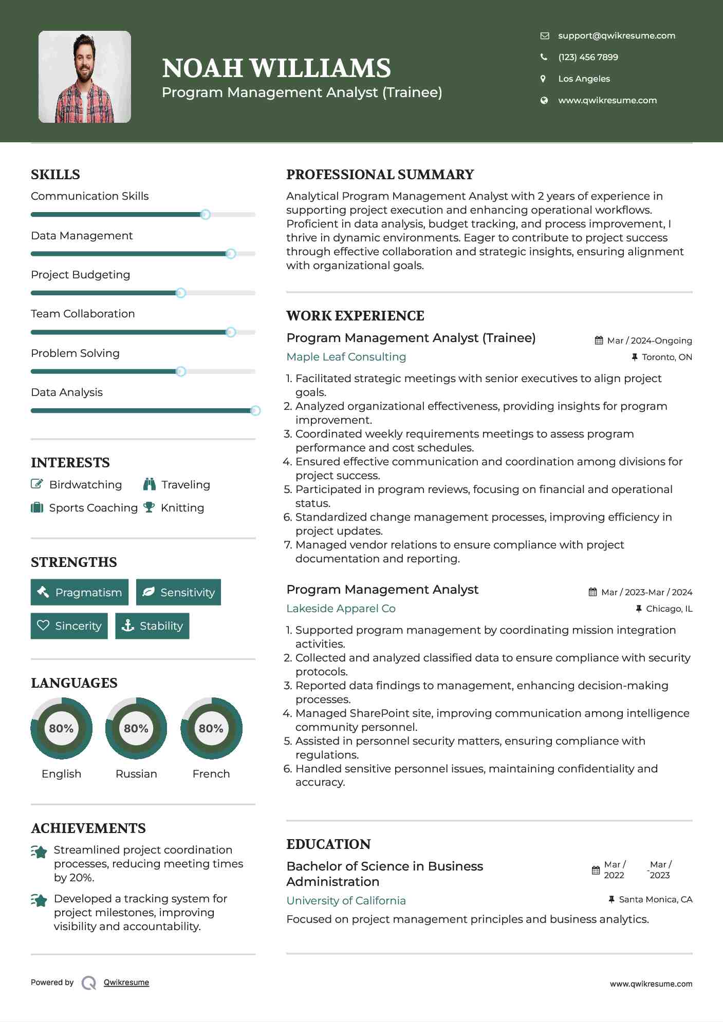 Program Management Analyst (Trainee) Resume Template