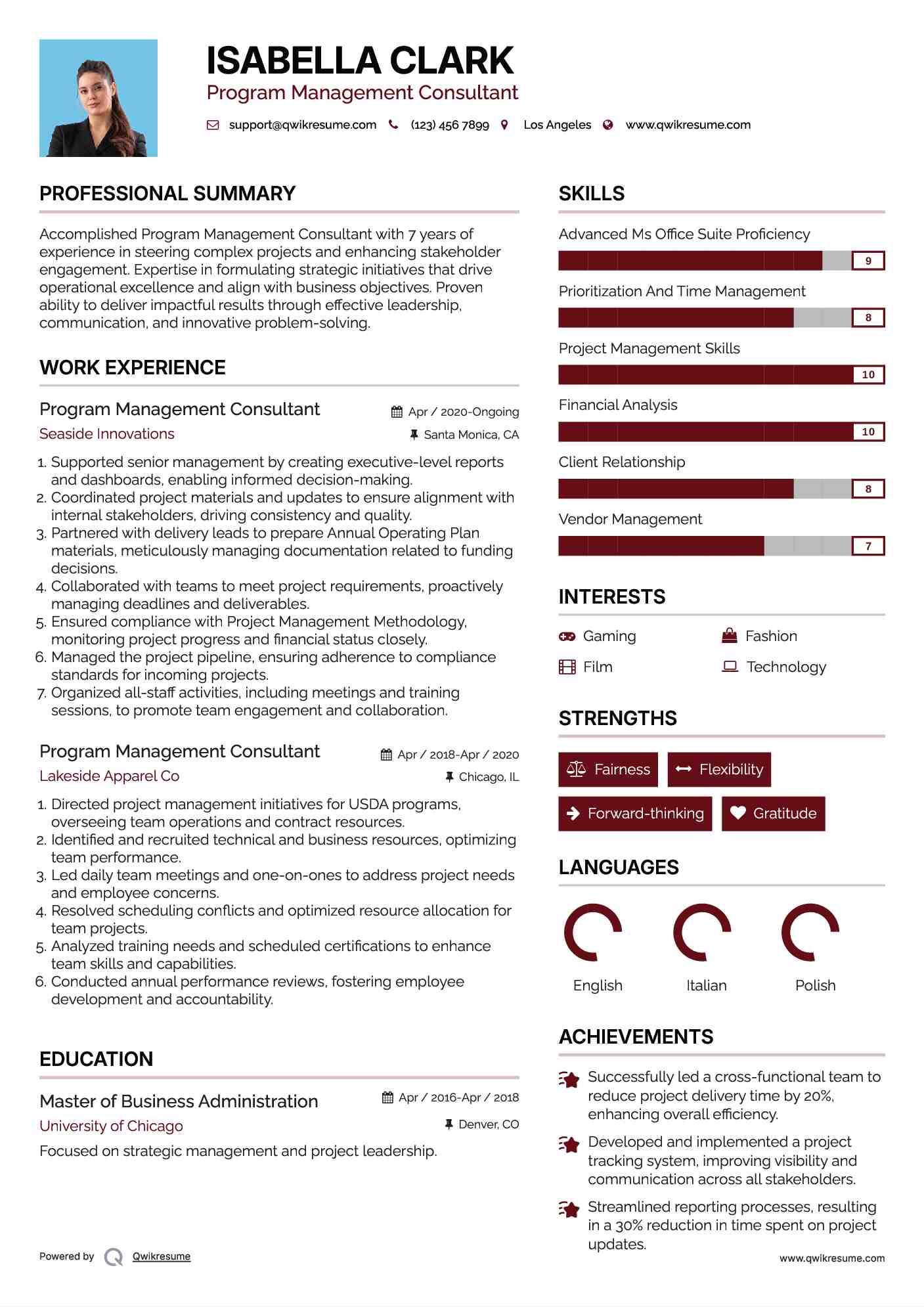 Program Management Consultant Resume Example