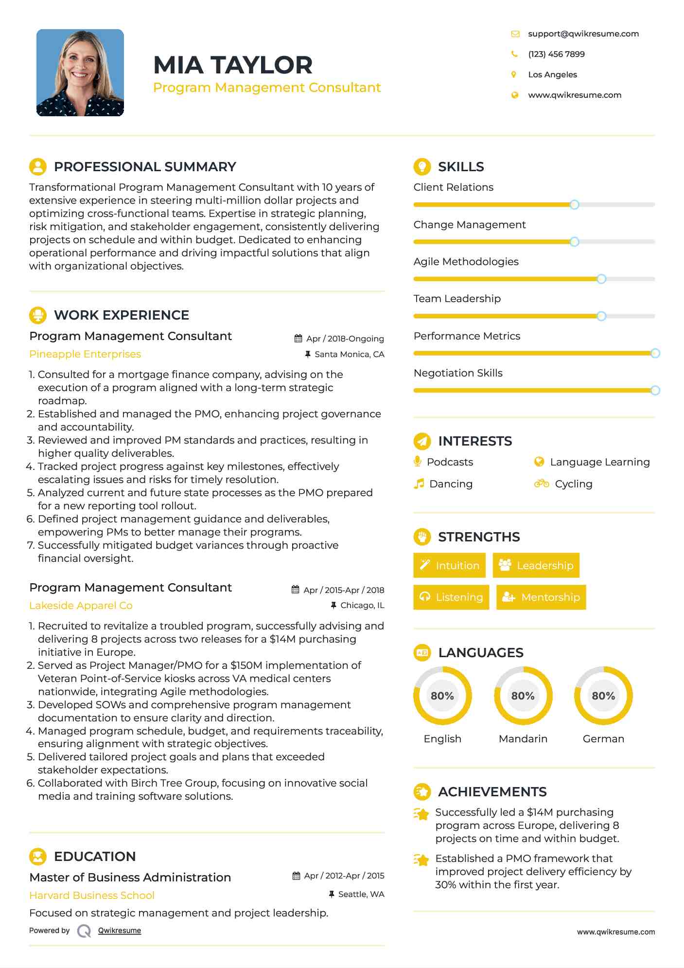 Program Management Consultant Resume Example