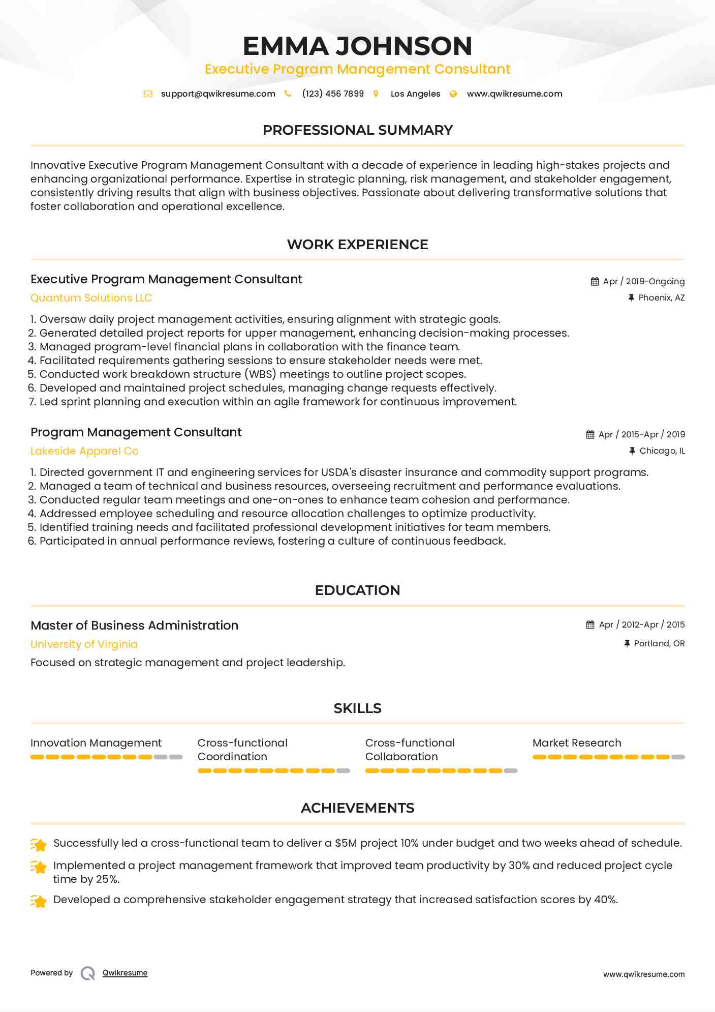 Executive Program Management Consultant Resume Sample