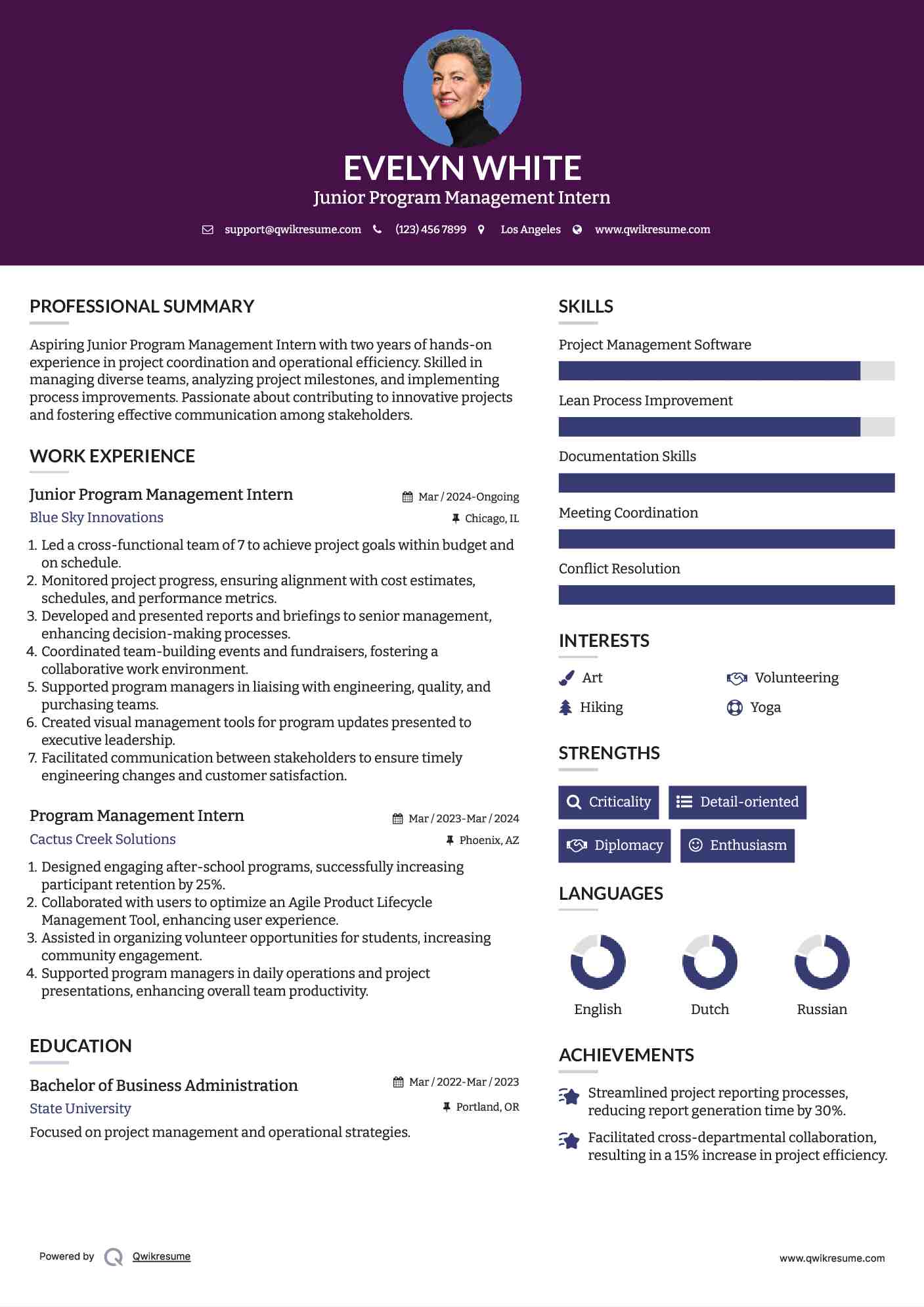 Junior Program Management Intern Resume Sample