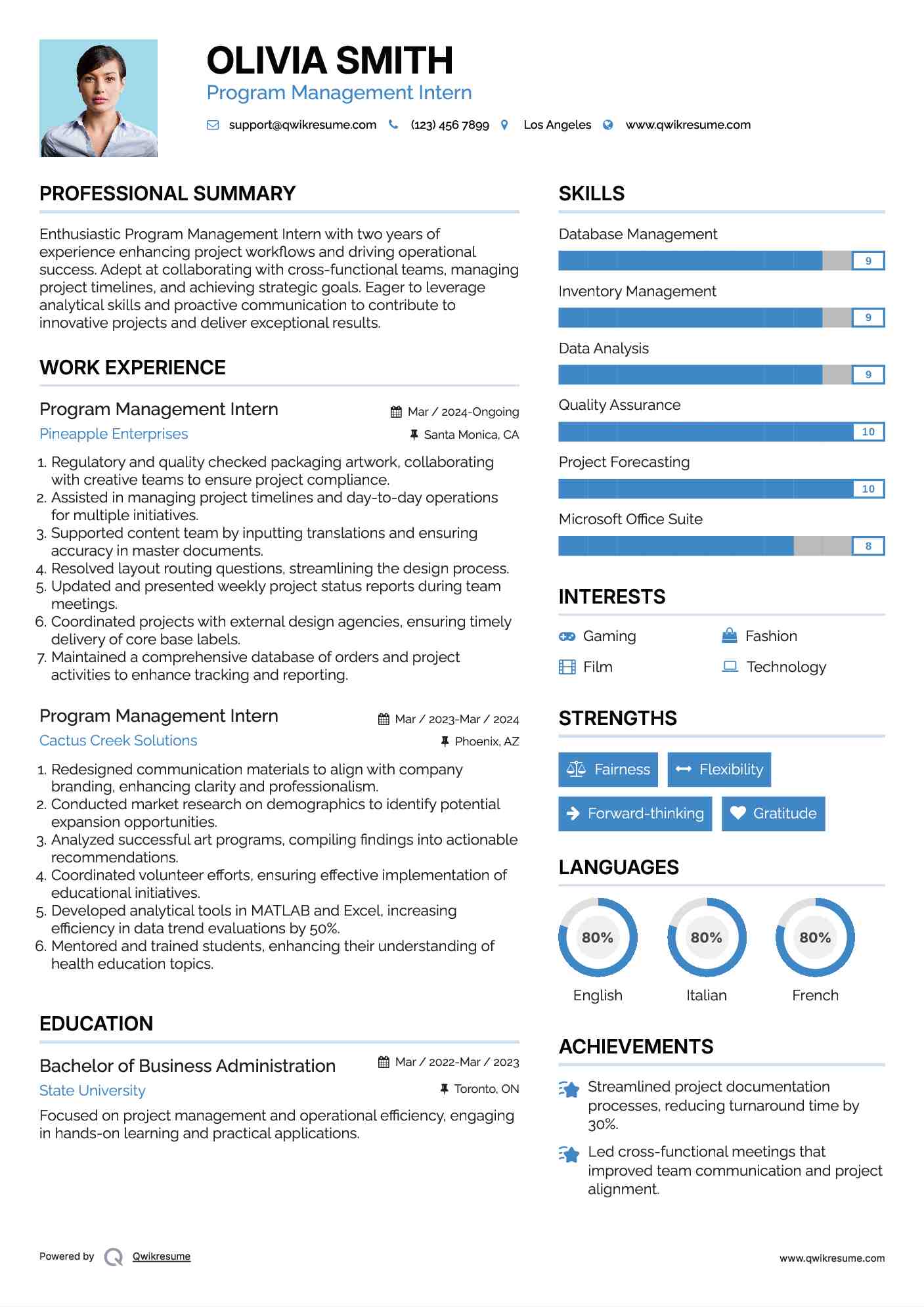 Program Management Intern Resume Model