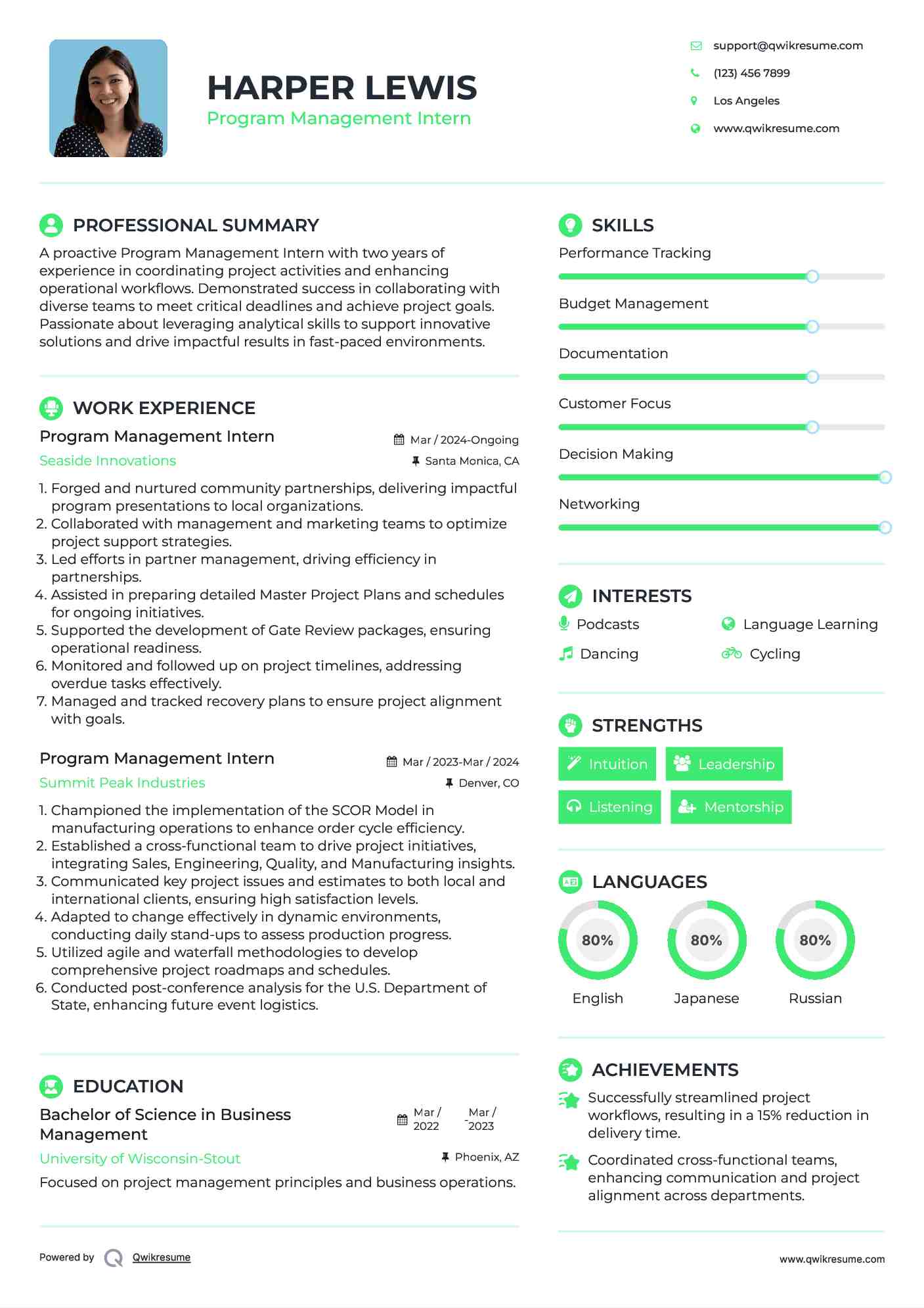 Program Management Intern Resume Sample