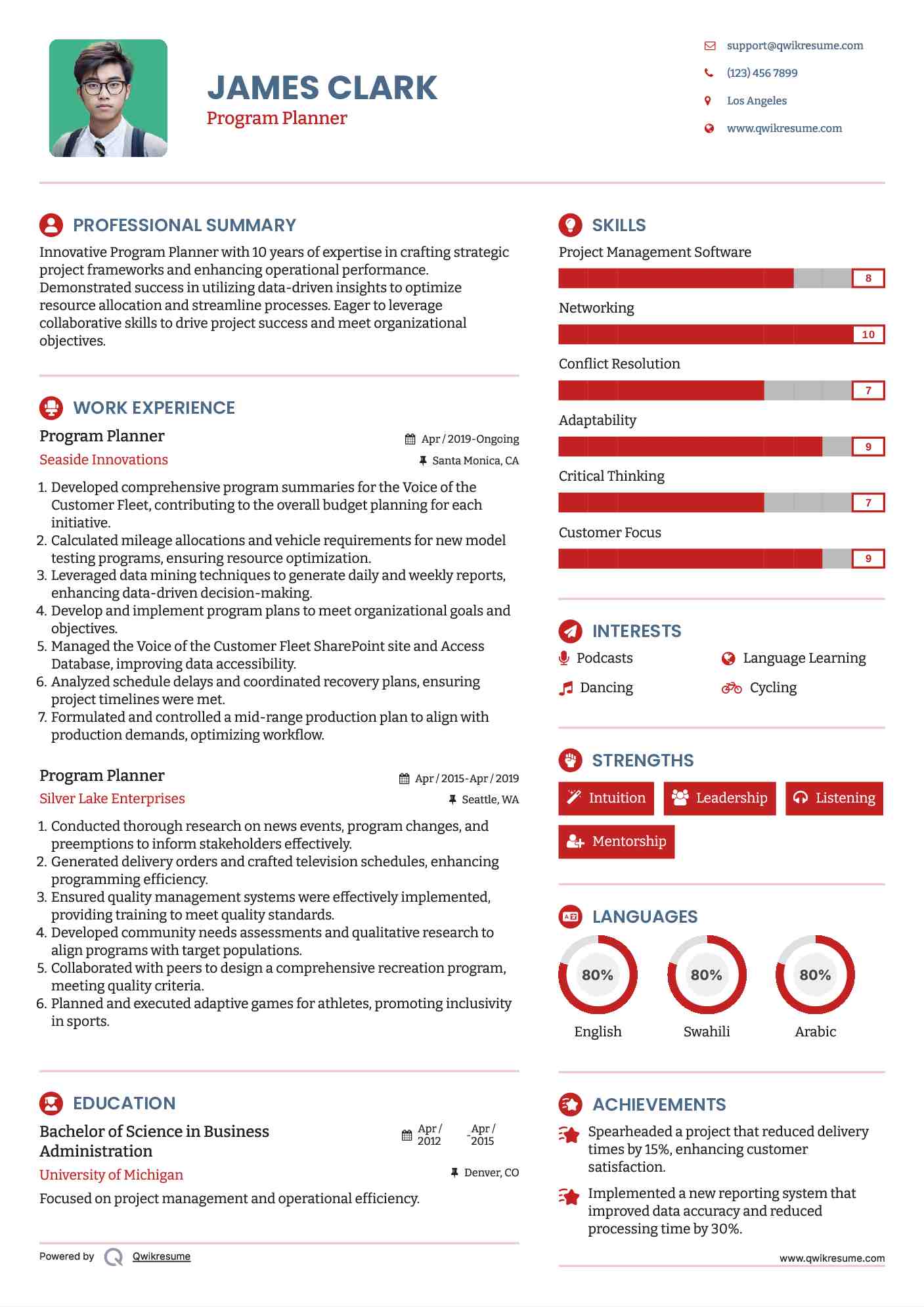 Program Planner Resume Example