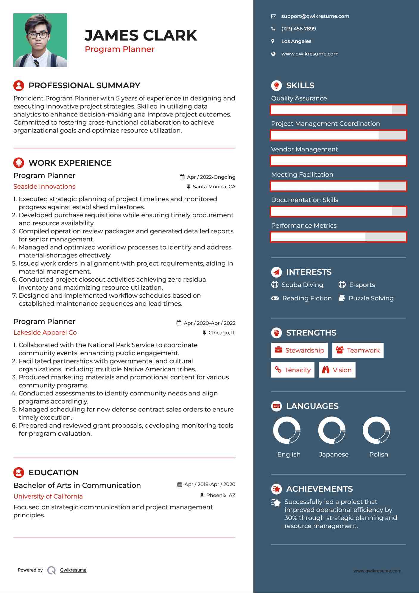 Program Planner Resume Model