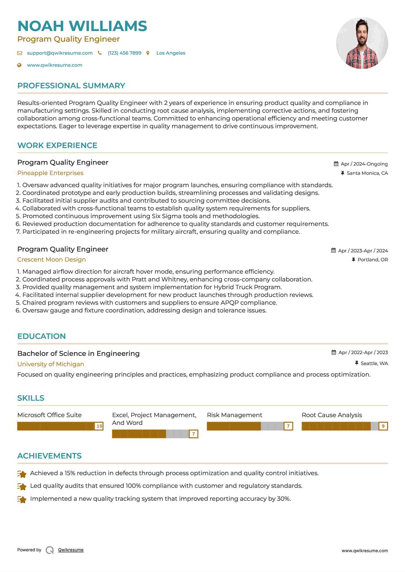 Program Quality Engineer Resume Example