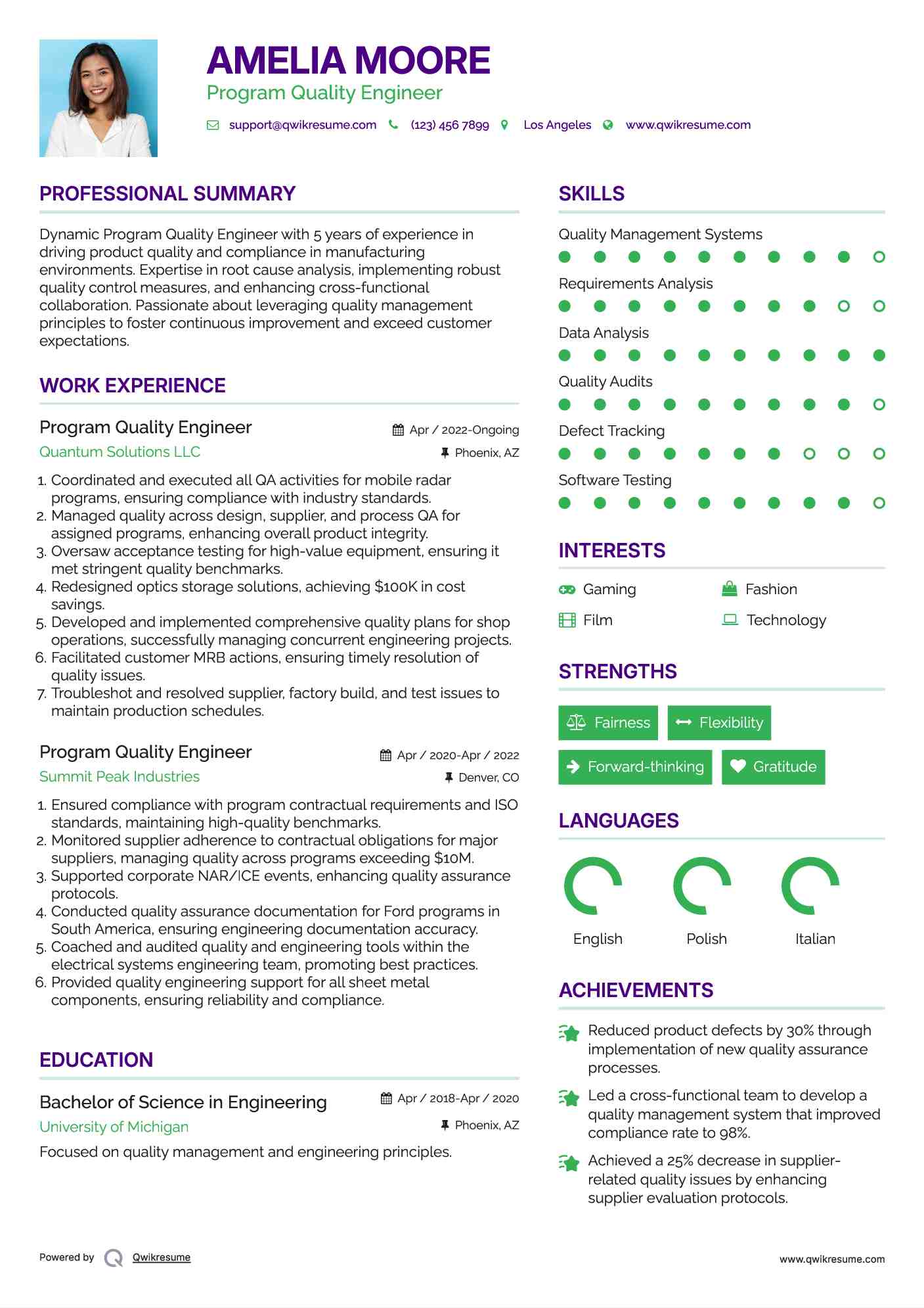 Program Quality Engineer Resume Sample