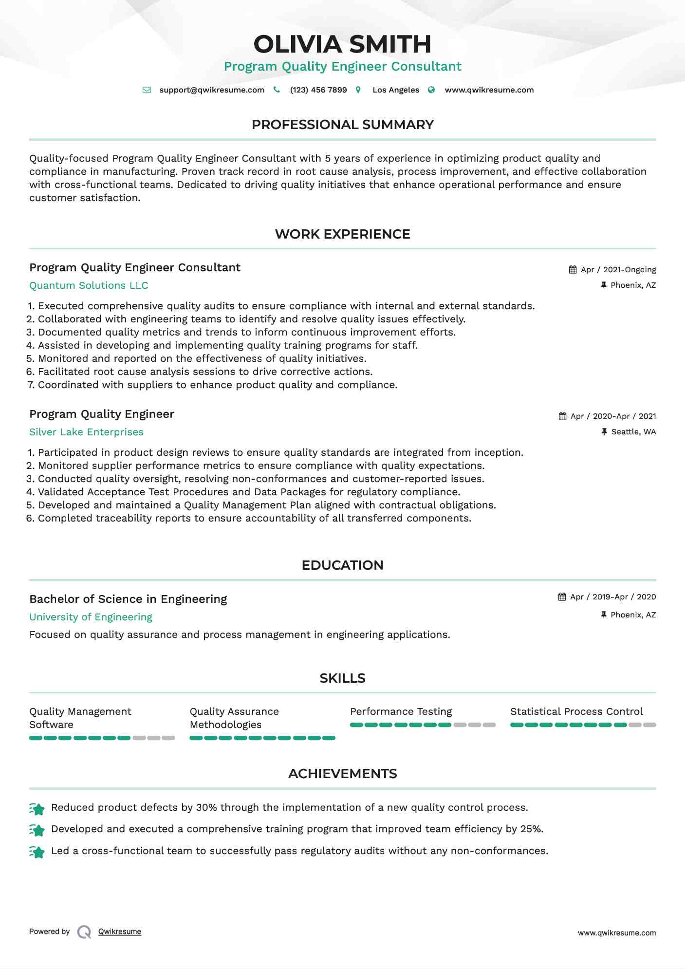 Program Quality Engineer Consultant Resume Model