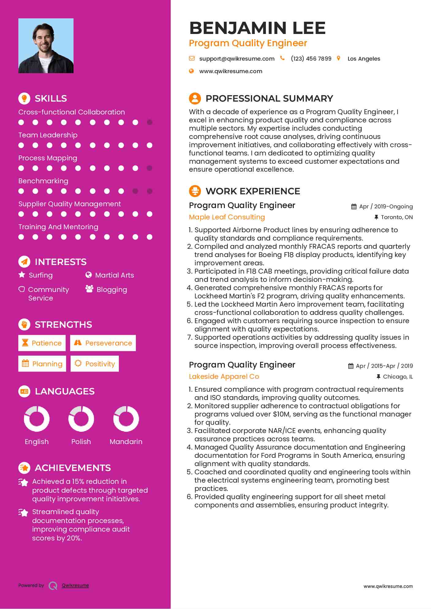 Program Quality Engineer Resume Model