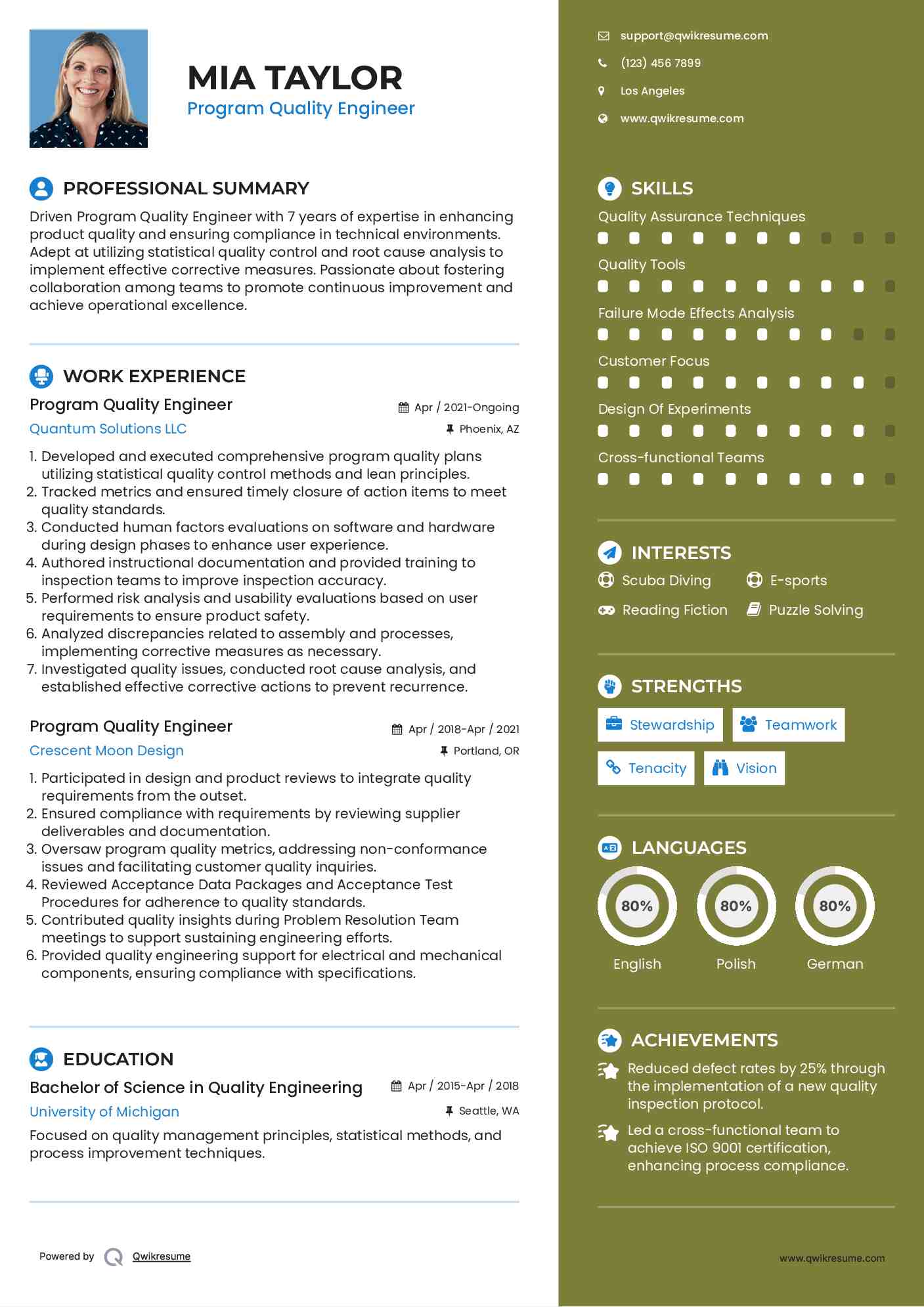Program Quality Engineer Resume Template