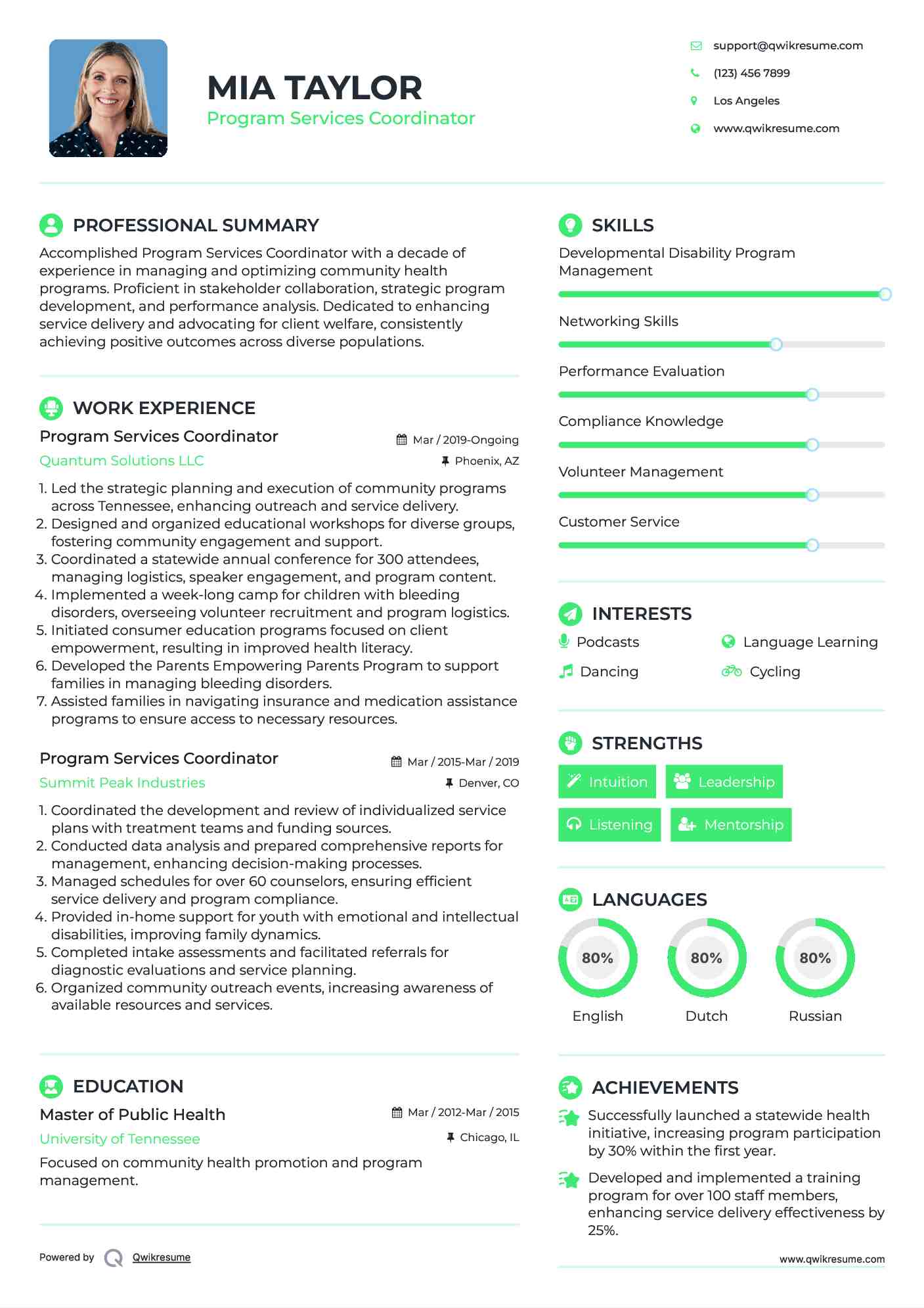 Program Services Coordinator Resume Sample