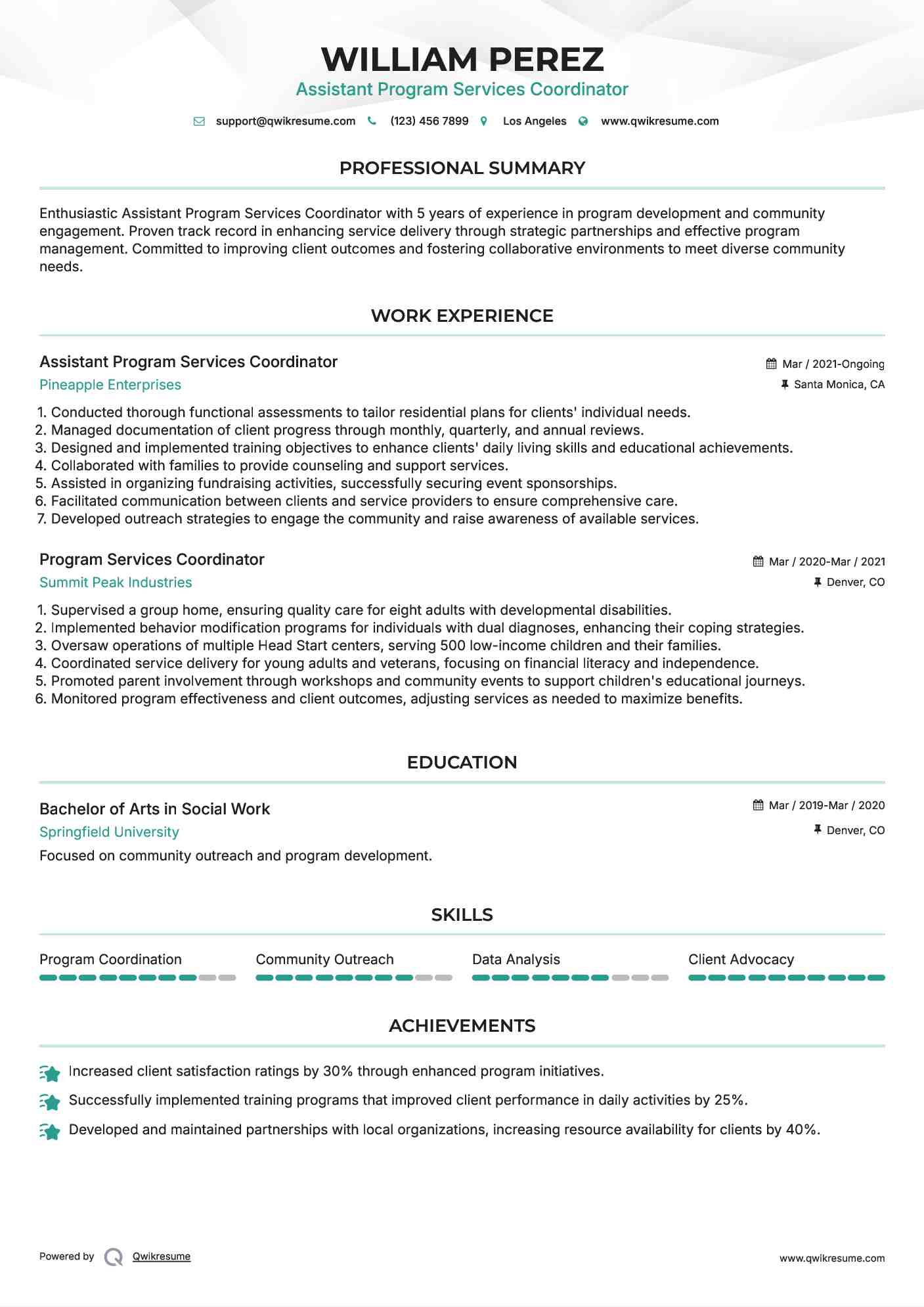 Assistant Program Services Coordinator Resume Example