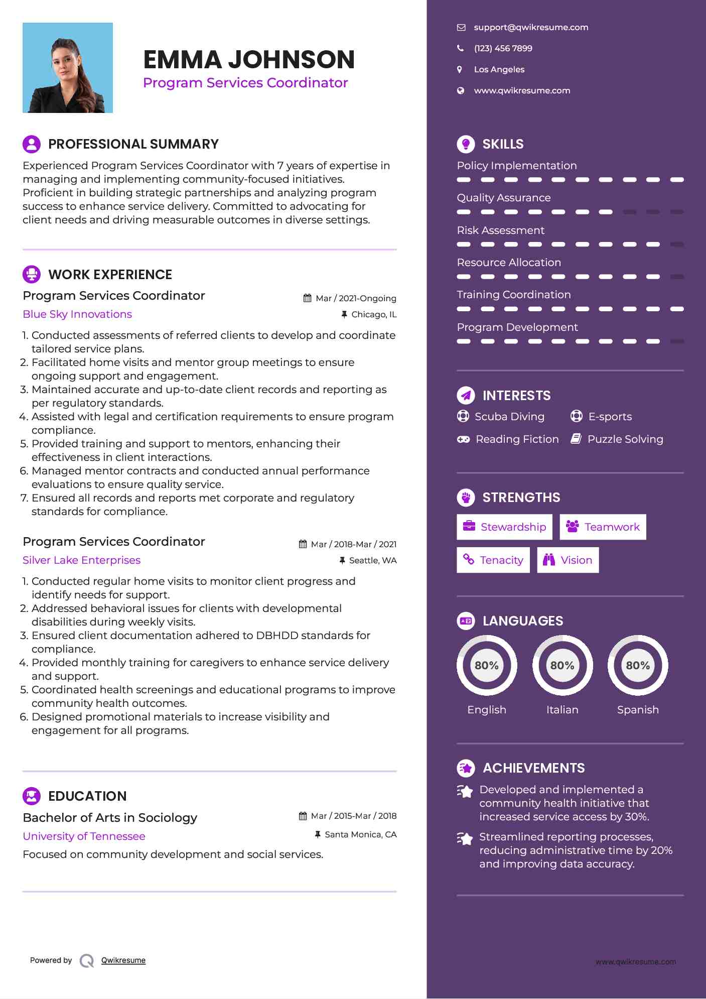 Program Services Coordinator Resume Example