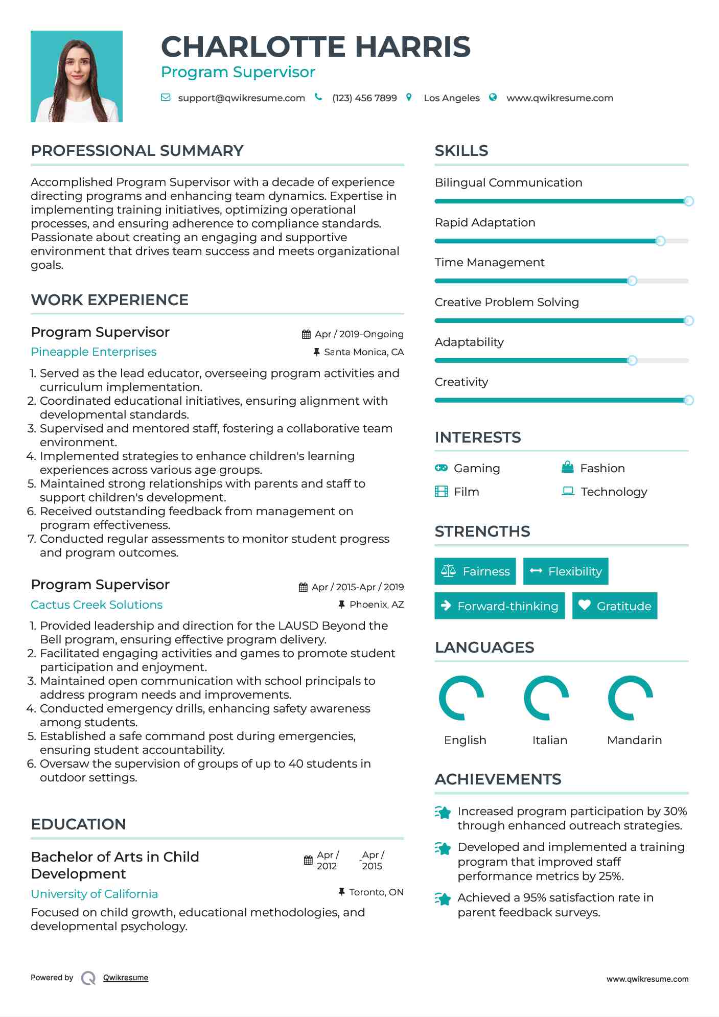 Program Supervisor Resume Sample