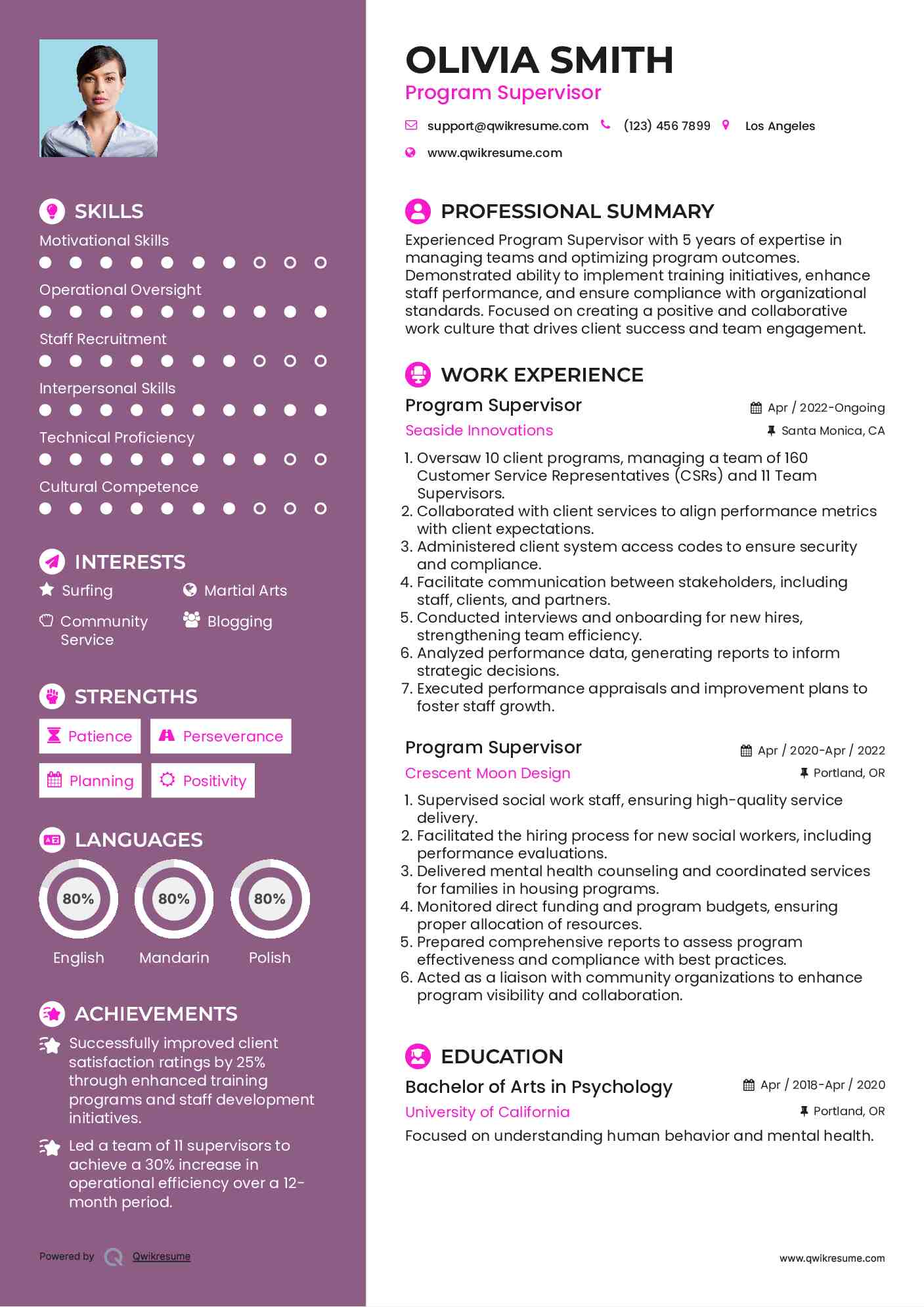 Program Supervisor Resume Example