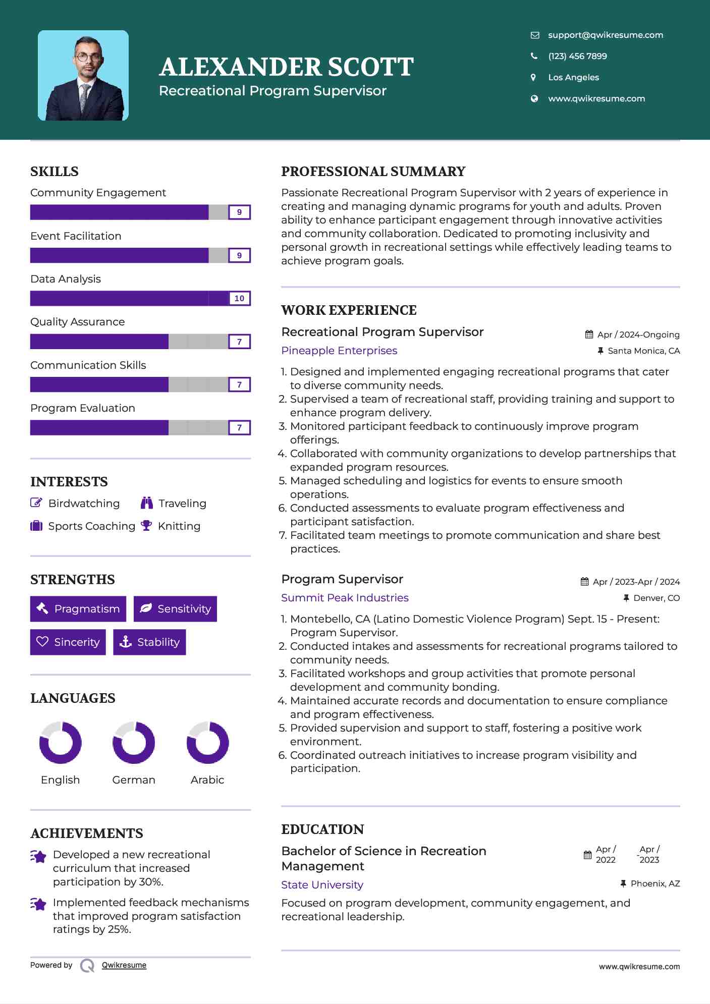 Recreational Program Supervisor Resume Example