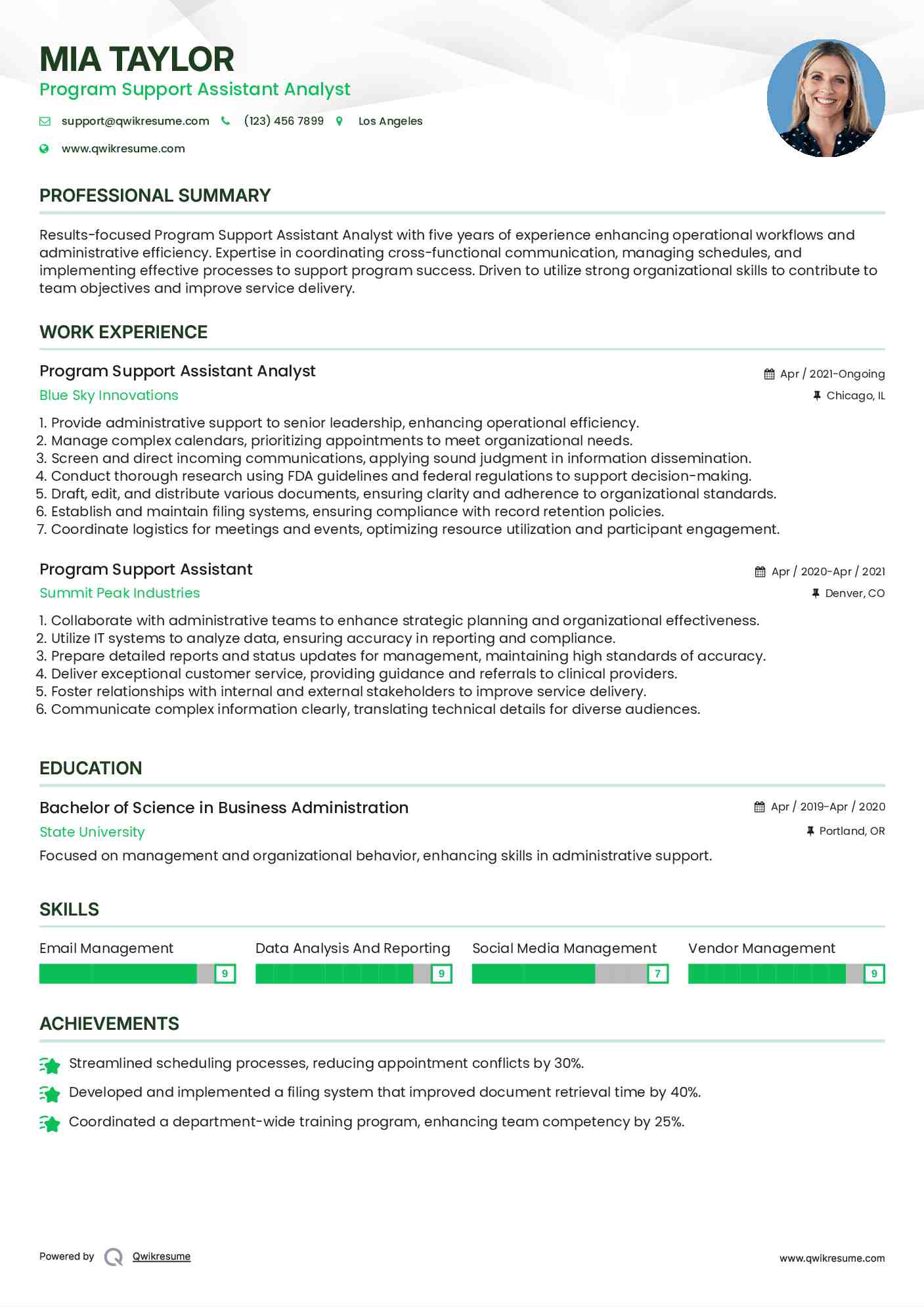 Program Support Assistant Analyst Resume Template