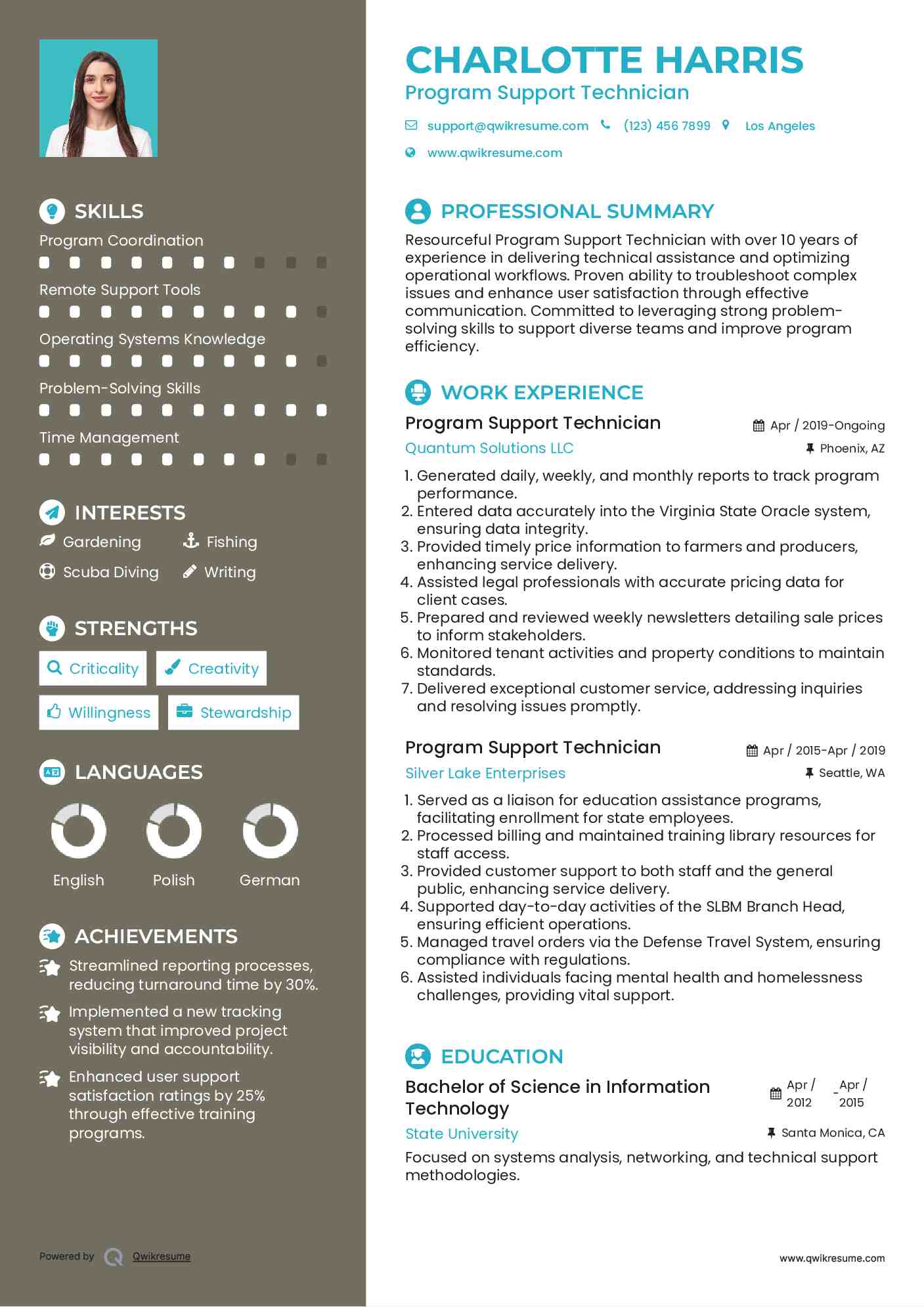 Program Support Technician Resume Model