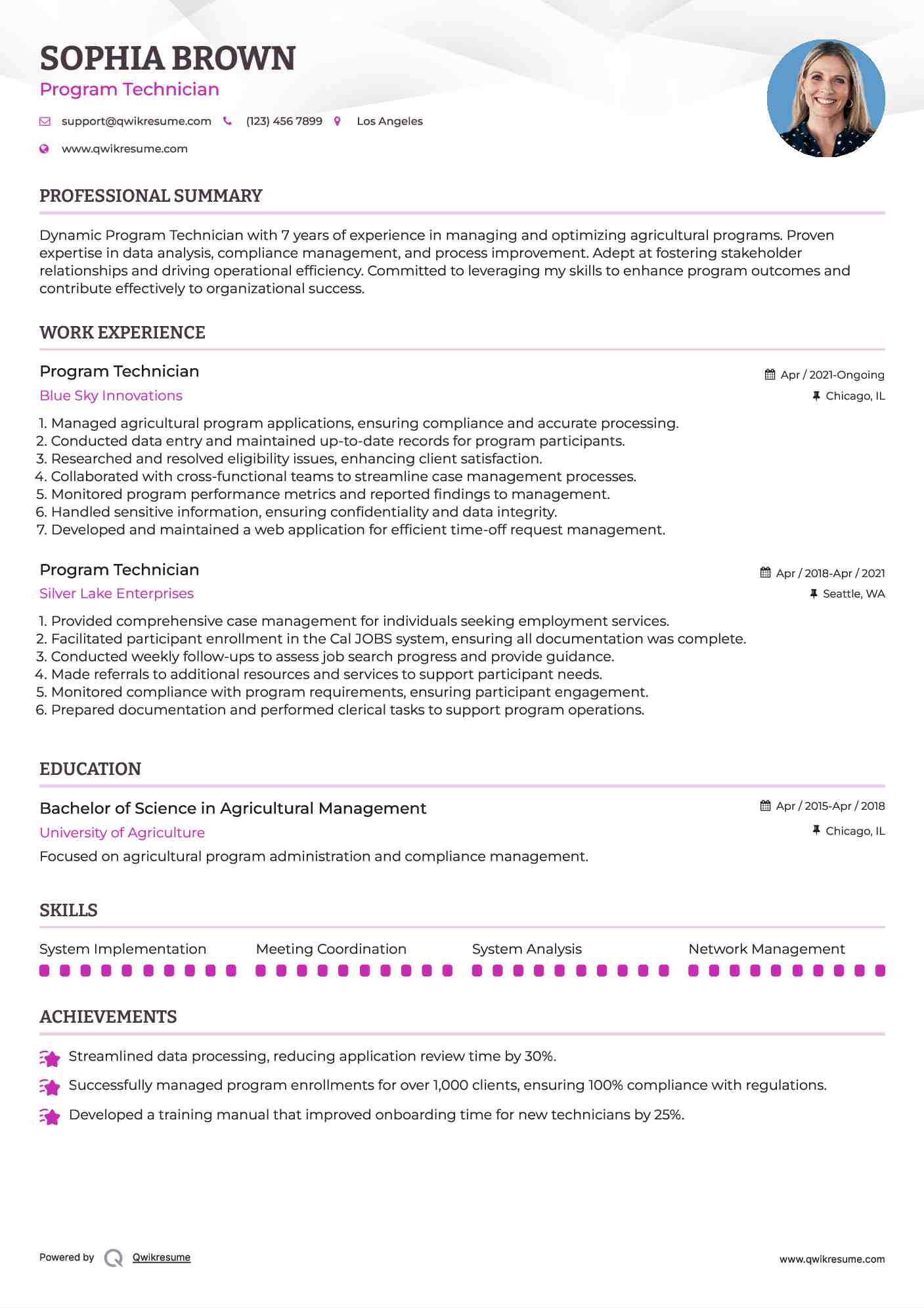 Program Technician Resume Model