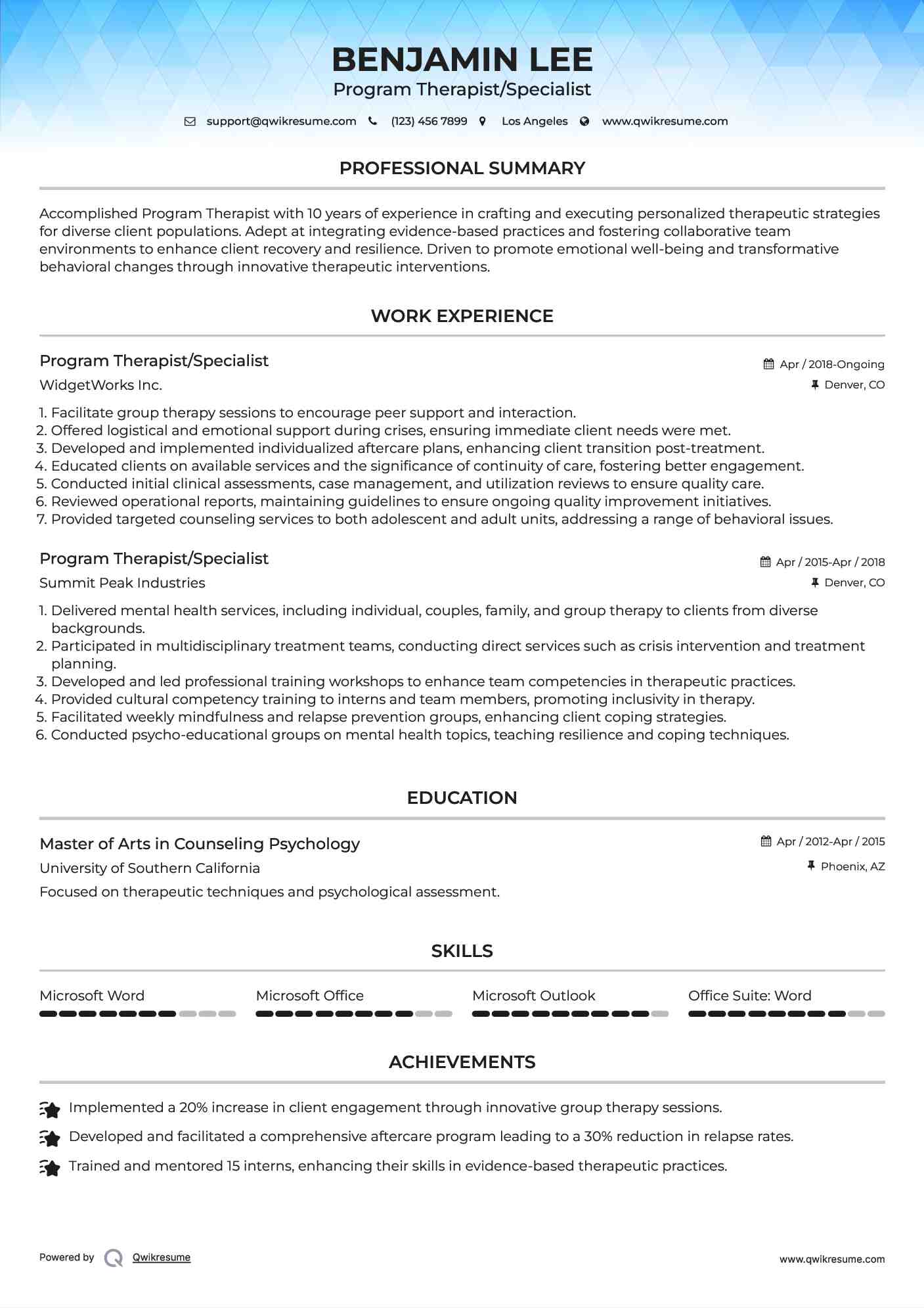 Program Therapist/Specialist Resume Format