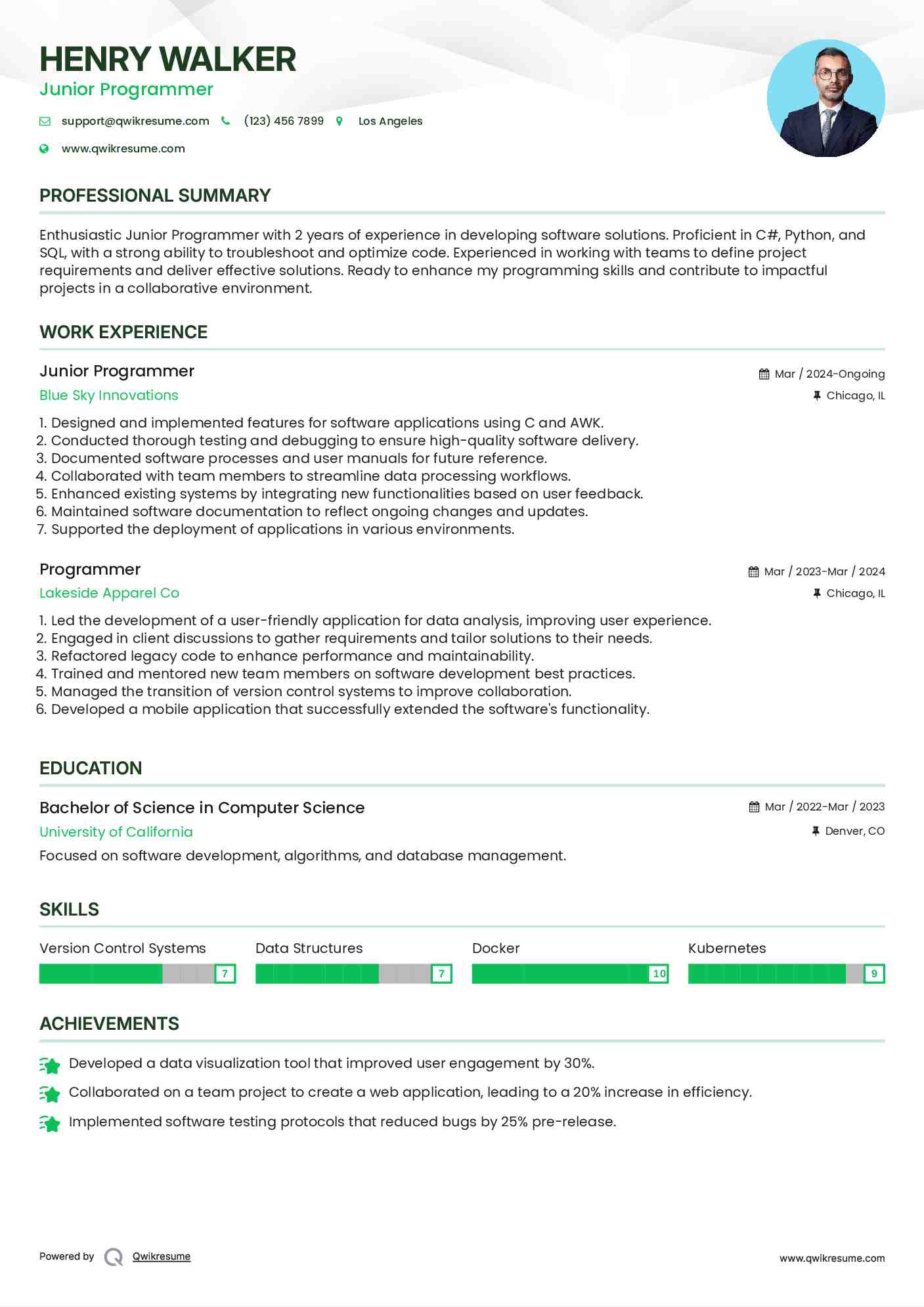Junior Programmer Resume Example