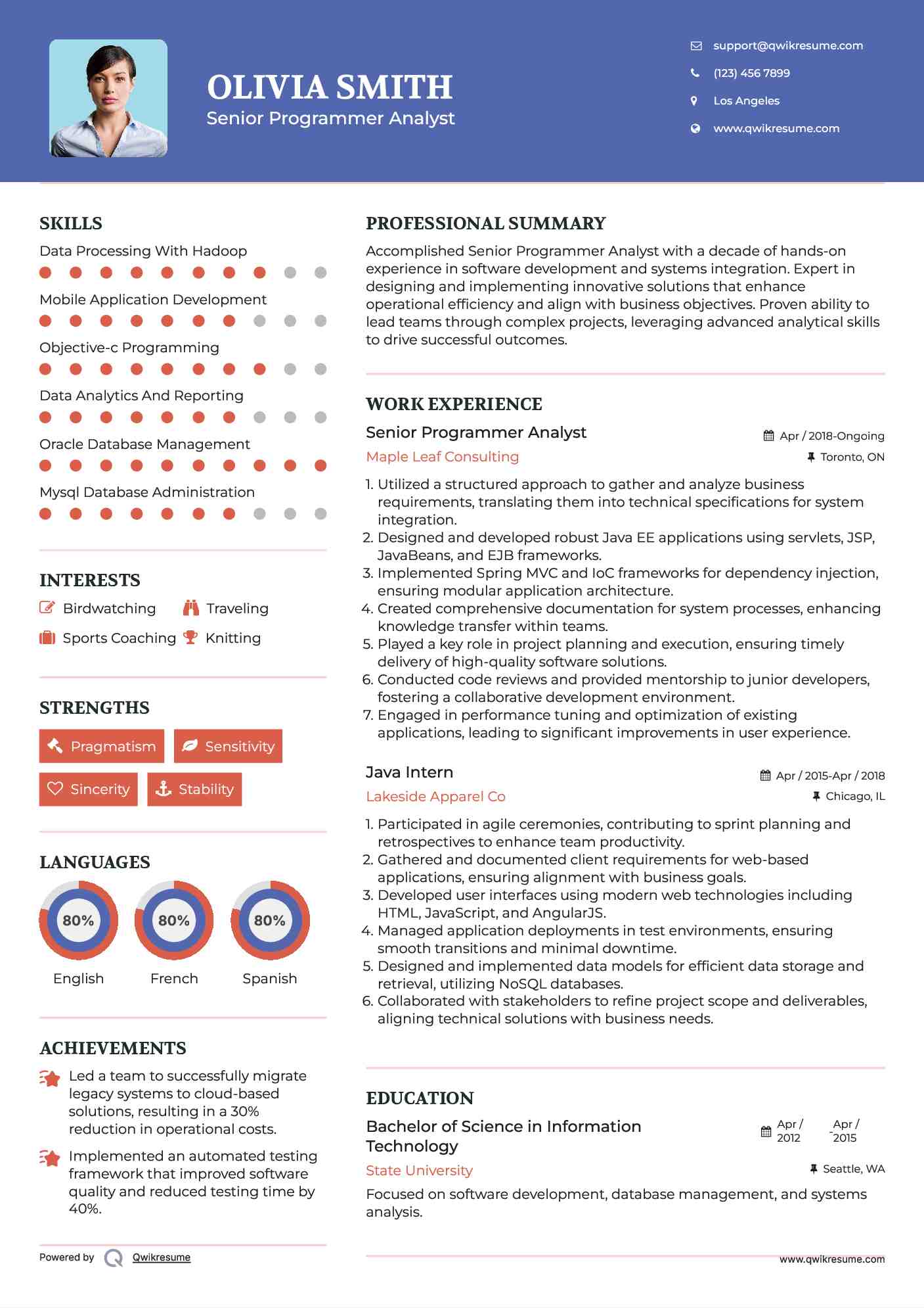 Senior Programmer Analyst Resume Template