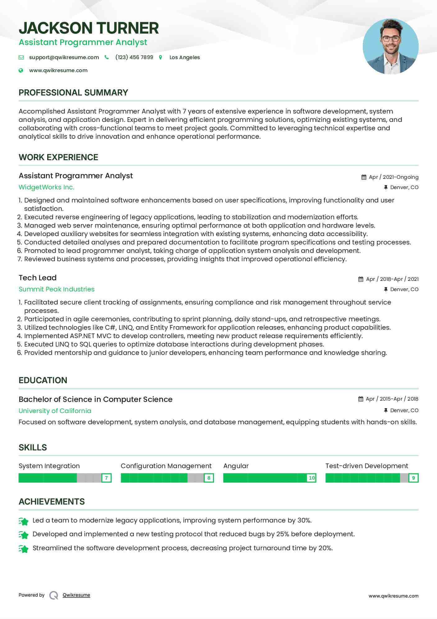 Assistant Programmer Analyst Resume Example