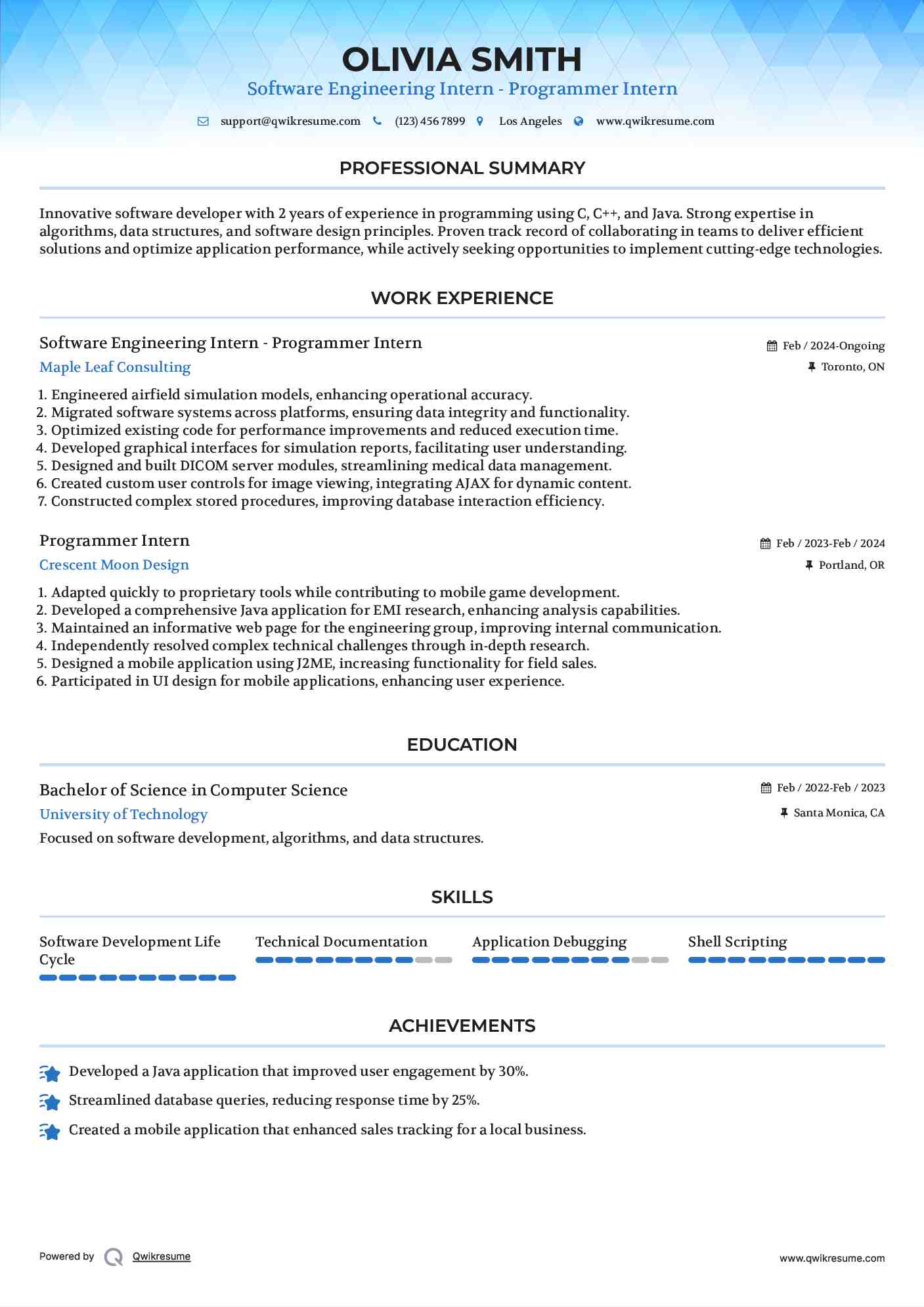 Software Engineering Intern - Programmer Intern Resume Example