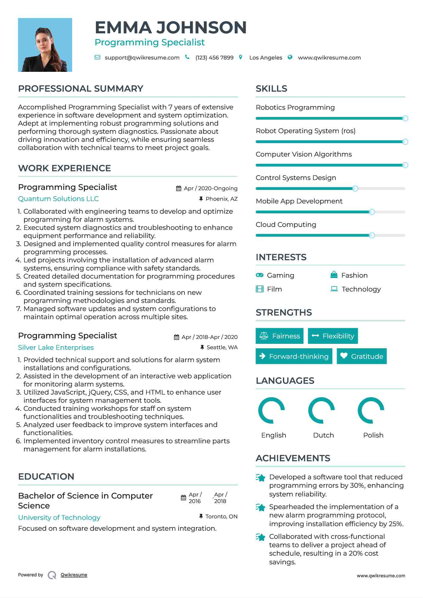 Programming Specialist Resume Model