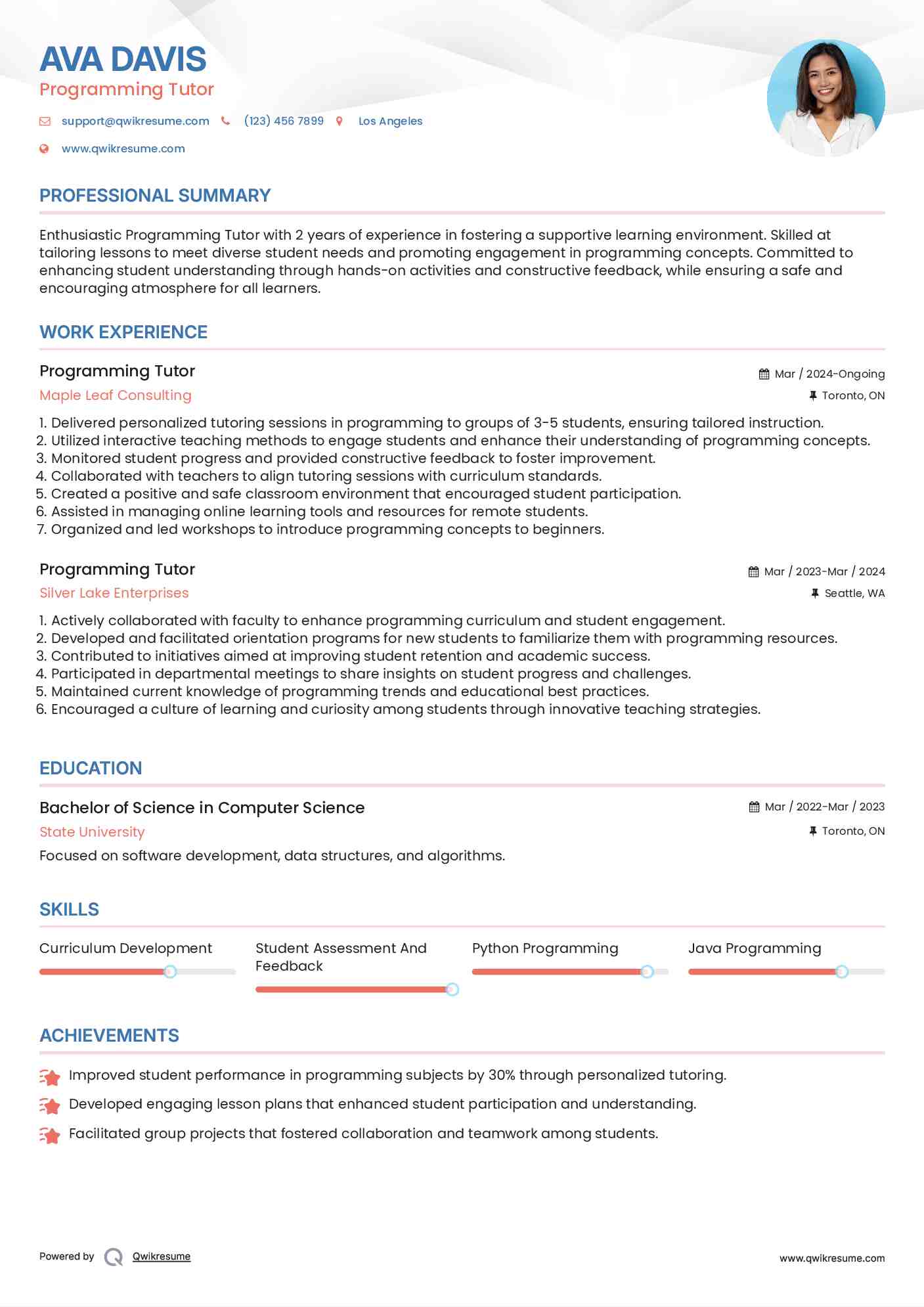 Programming Tutor Resume Sample