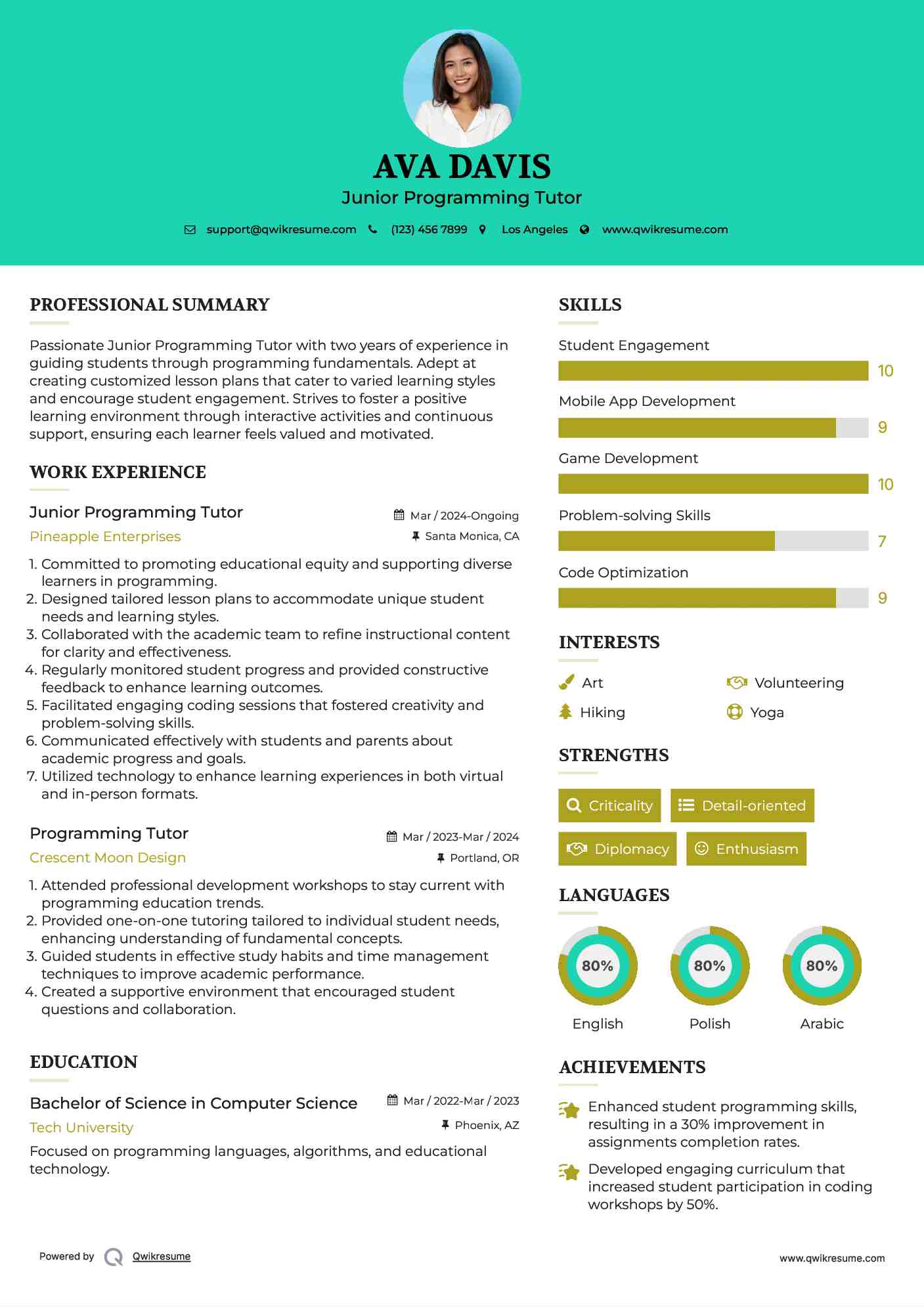 Junior Programming Tutor Resume Sample