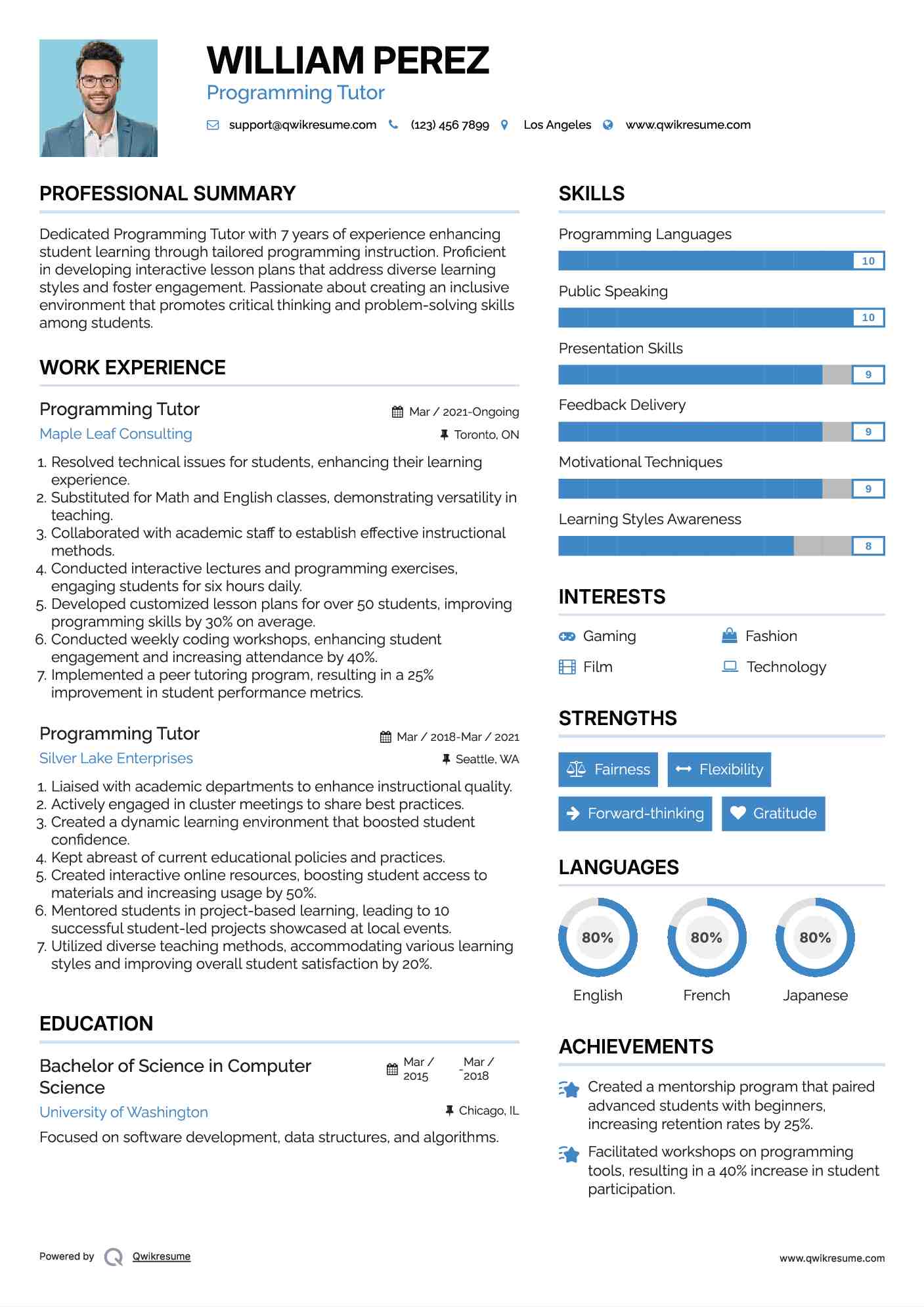 Programming Tutor Resume Sample