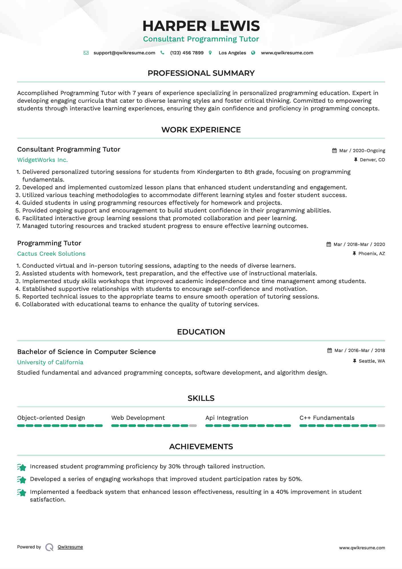 Consultant Programming Tutor Resume Format